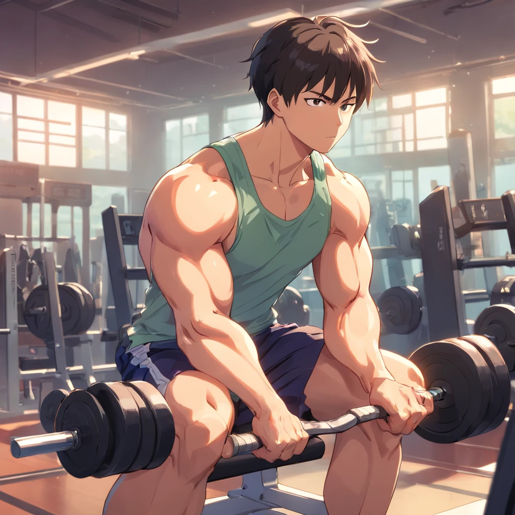 Saitama ((careca)), Um homem de soco, masculino, Working out intensely in a bodybuilding gym, Well-defined and detailed muscles,