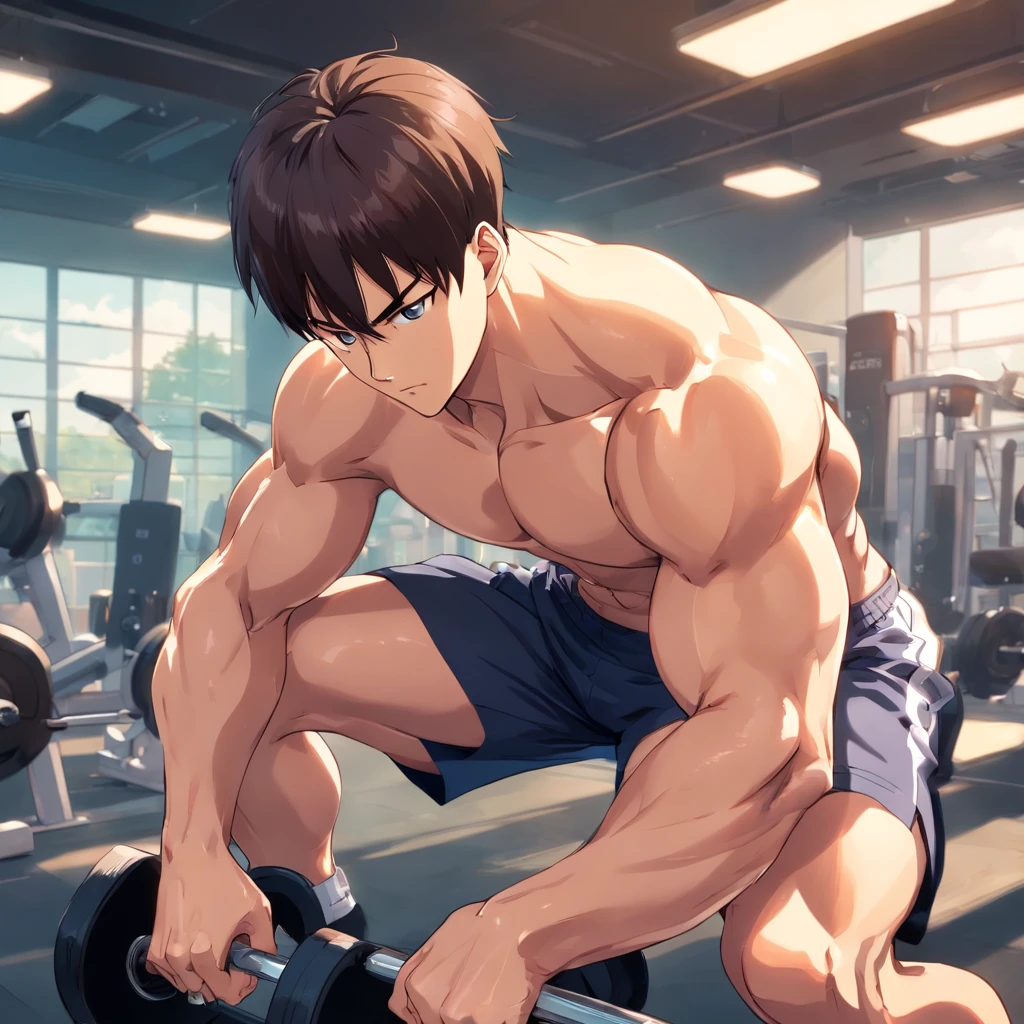 Saitama ((careca)), Um homem de soco, masculino, Working out intensely in a bodybuilding gym, Well-defined and detailed muscles,