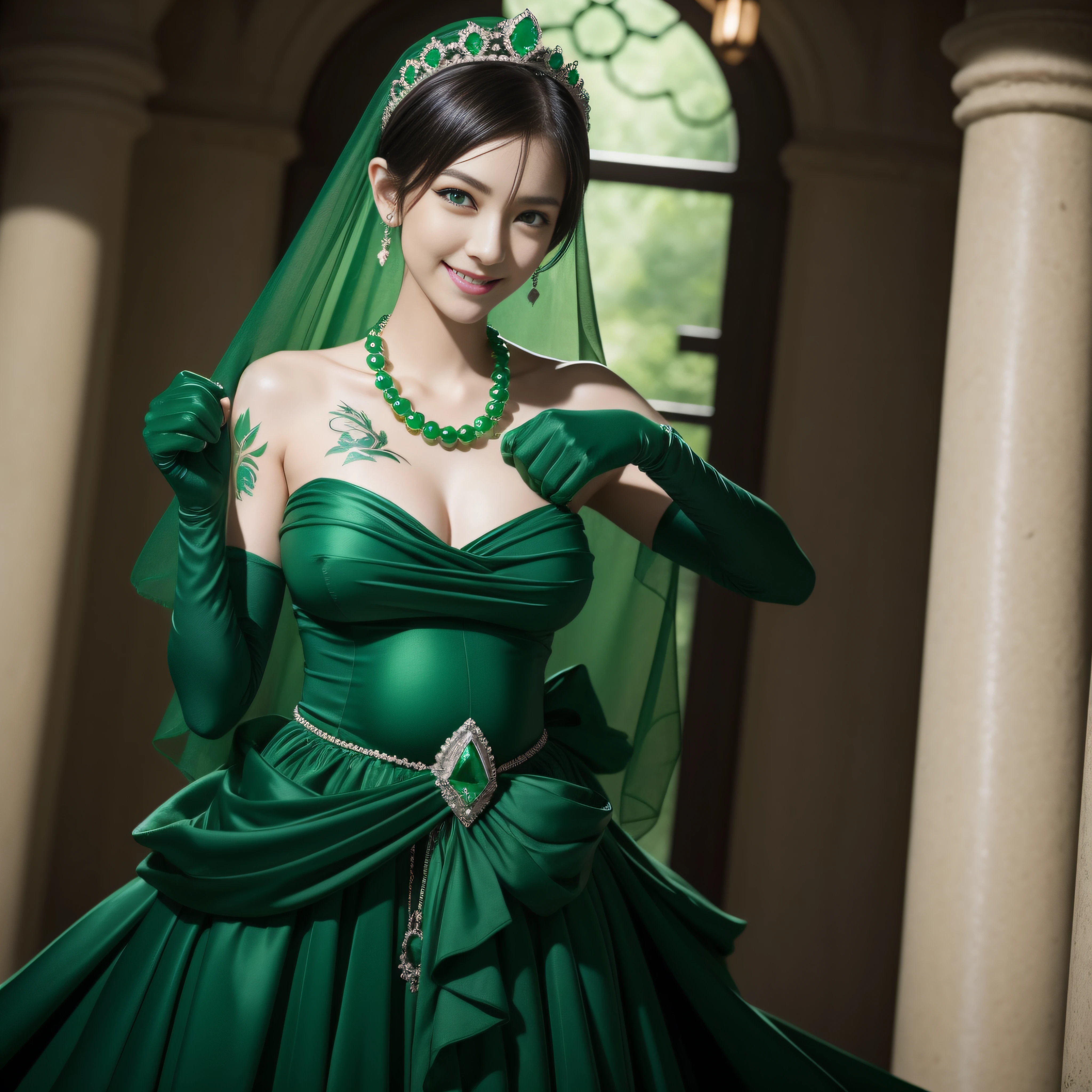 emerald tiara, Green Pearl Necklace, Boyish very short black hair, lipsticks, Japan woman smiling, very short short hair, fist, big breasts beautiful, Green eyes, Long green gloves made of satin material, Green eyes, Emerald Earrings, Pregnancy, Pregnant Woman, The tattoo, The tattoo