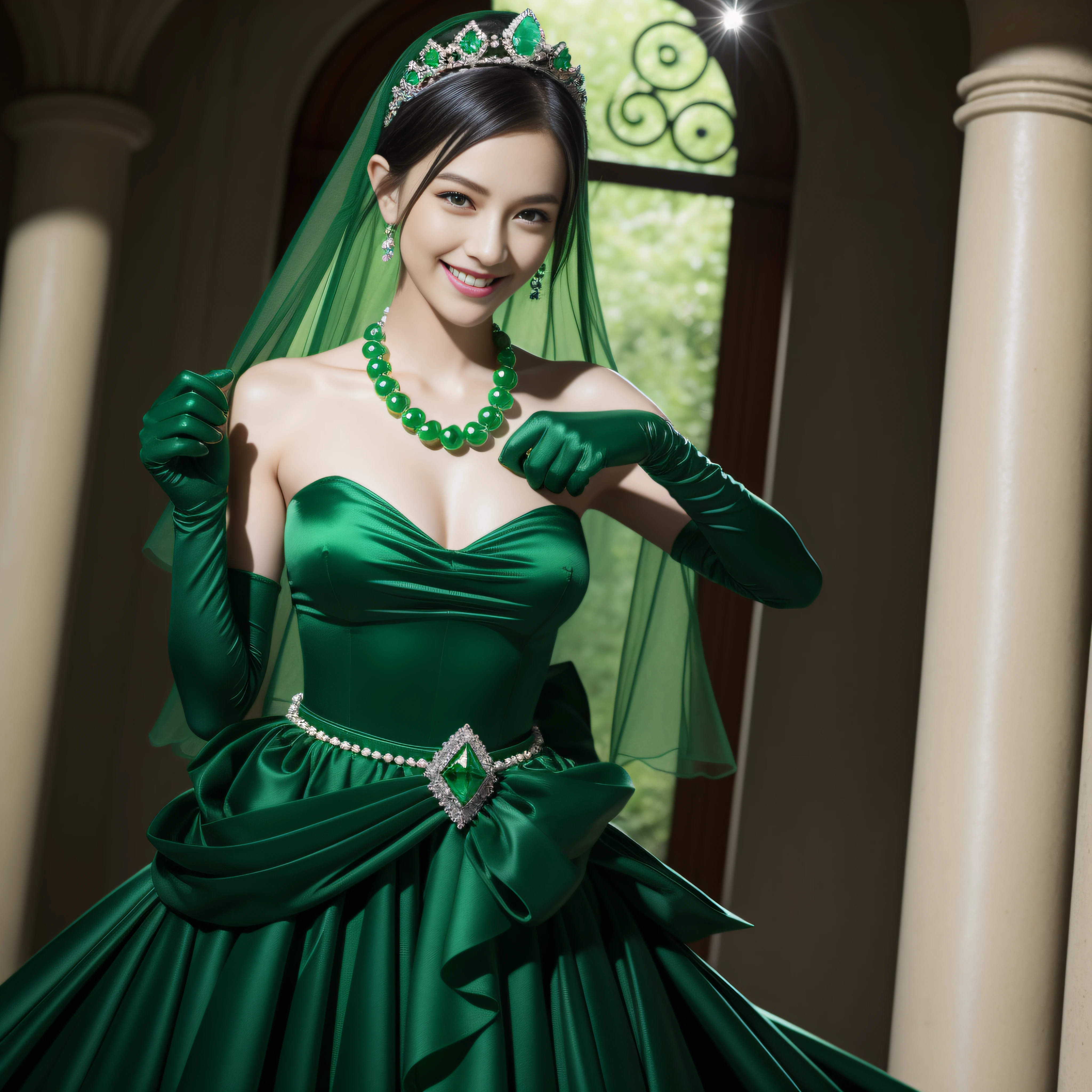 emerald tiara, Green Pearl Necklace, Boyish very short black hair, lipsticks, Japan woman smiling, very short short hair, fist, big breasts beautiful, Green eyes, Long green gloves made of satin material, Green eyes, Emerald Earrings