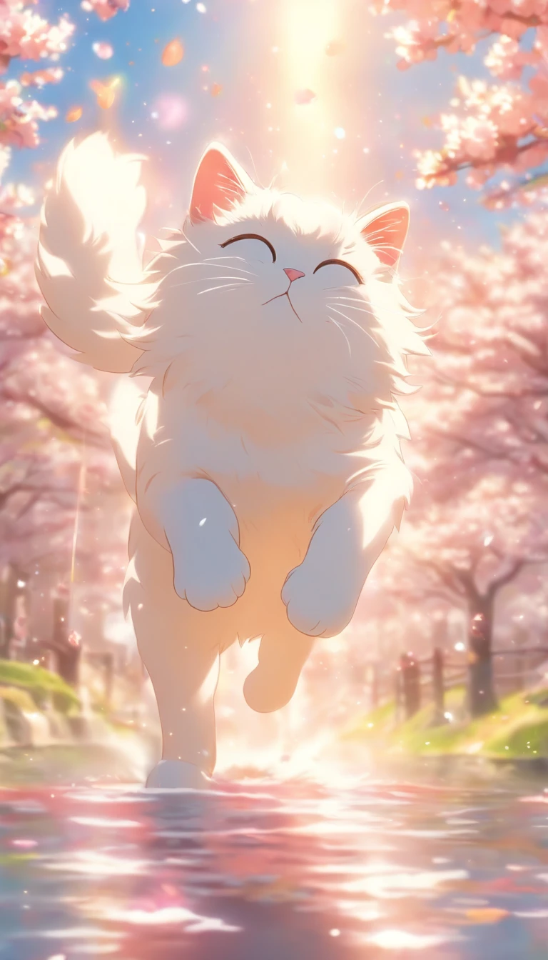 Cartoon white cat, Float in the air, Rainbow back, Around the cherry blossoms, High detail, Cinematic lighting, Motion blur, color difference, hyper HD, Masterpiece, Super detail, High details, High quality, Award-Awarded, Best quality, A high resolution