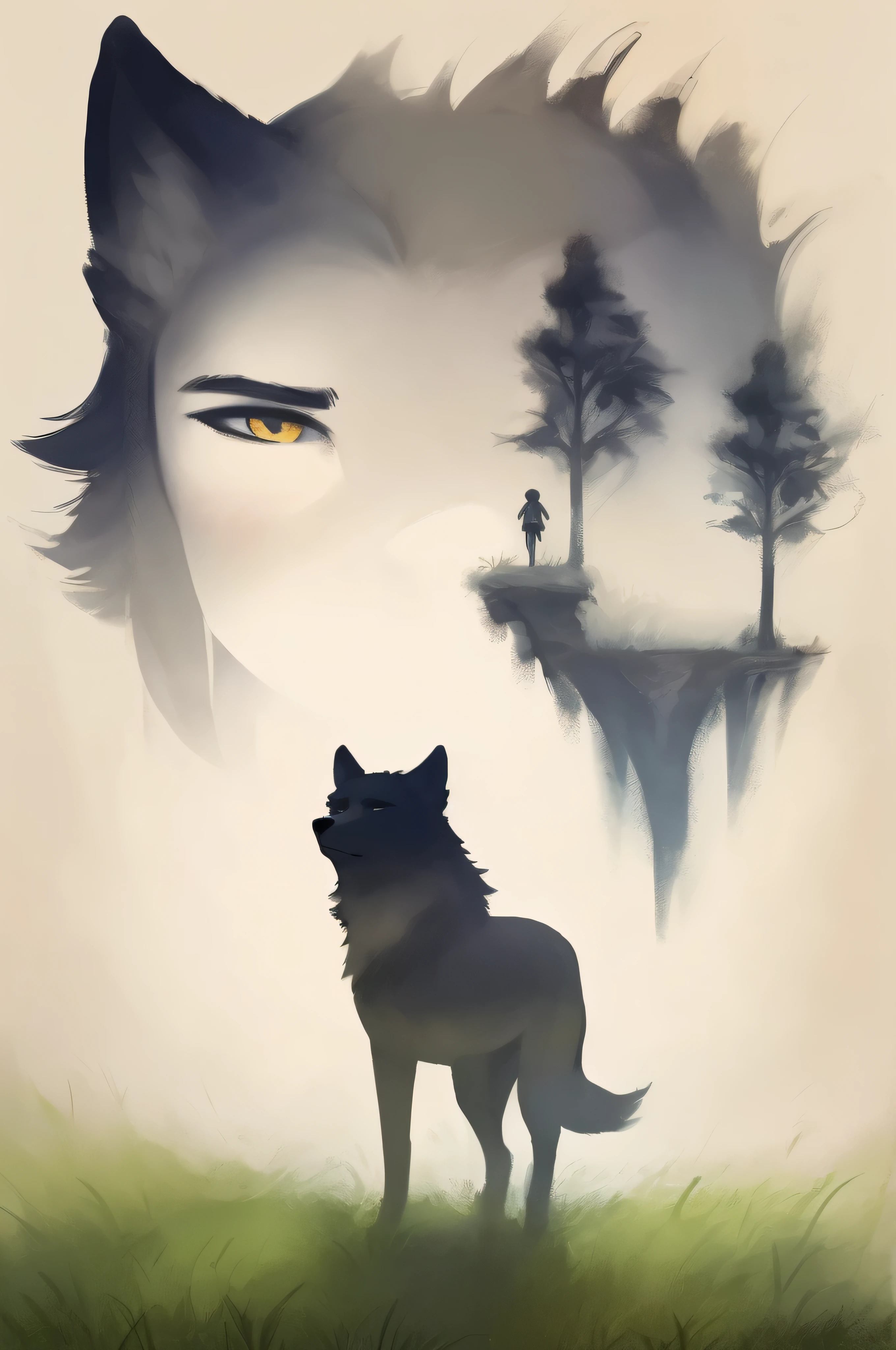 a handsome face boy in ink painting world,silhouette,a wolf runing on grass,