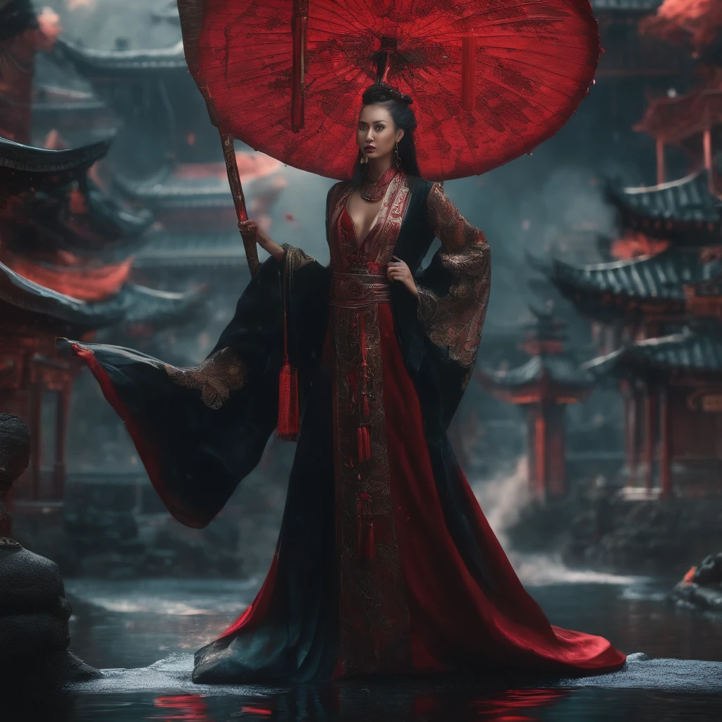 cyber punk perssonage,Taoist robes,cultivating immortals,water ink,High hills,self-assured,Fairy wind road bone,Blood flow in the background