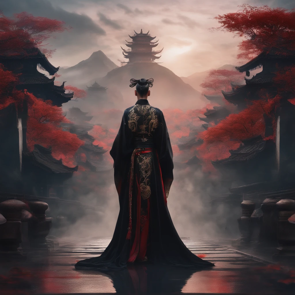 cyber punk perssonage,Taoist robes,cultivating immortals,water ink,High hills,self-assured,Fairy wind road bone,Blood flow in the background