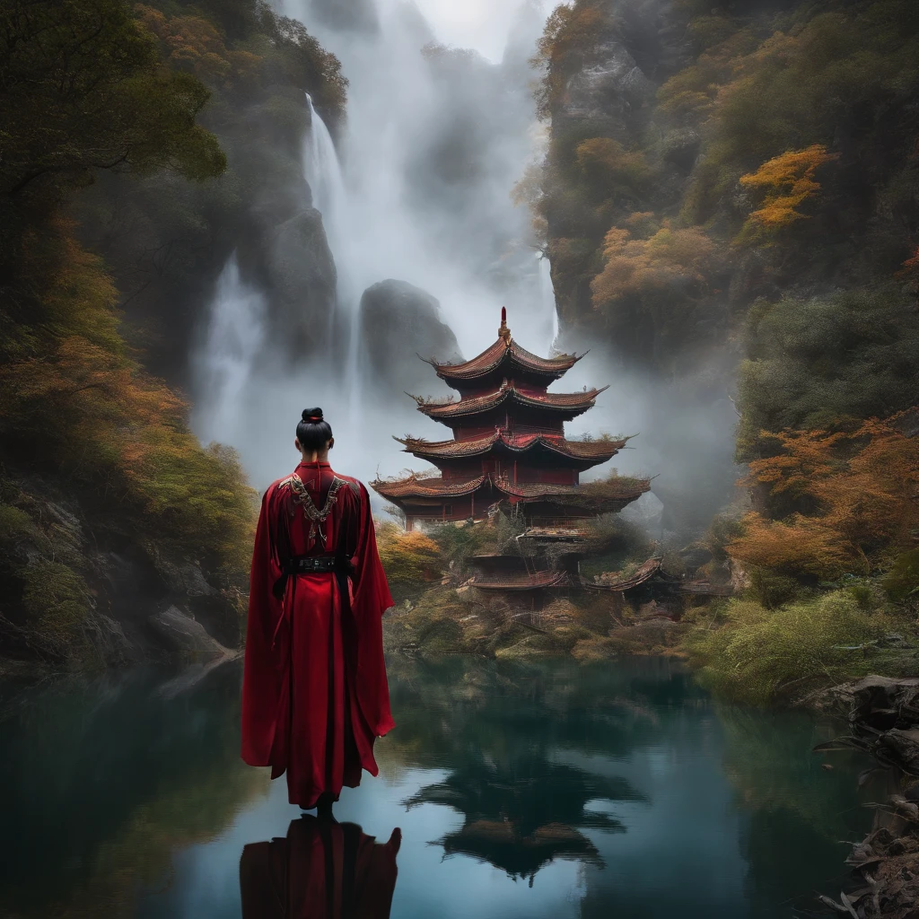 cyber punk perssonage,Taoist robes,cultivating immortals,water ink,High hills,self-assured,Fairy wind road bone,Blood flow in the background