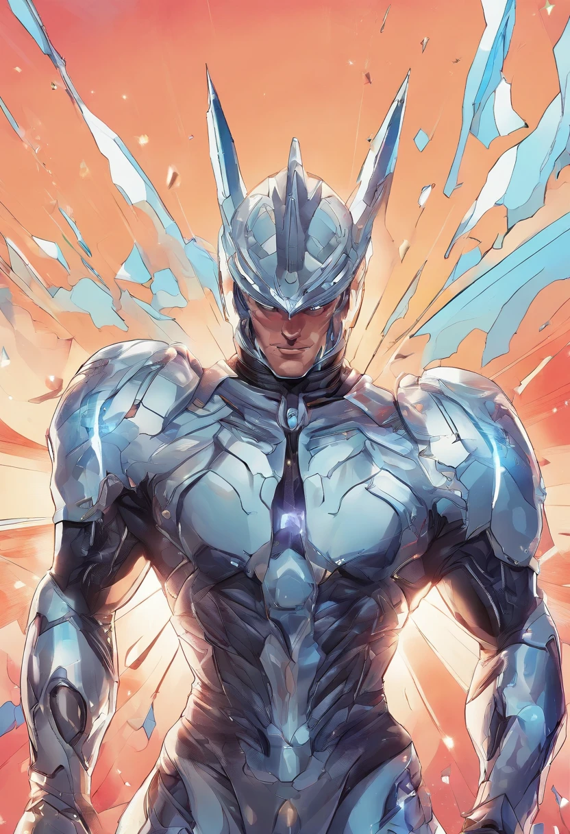 A warrior wearing Pegasus' silver delicate armor, Burst out with amazing power, At the same time, Shoot forward the Pegasids meteor cluster at the speed of light,The scene is impressive, male, handsome man, diamond face, muscle body, full body