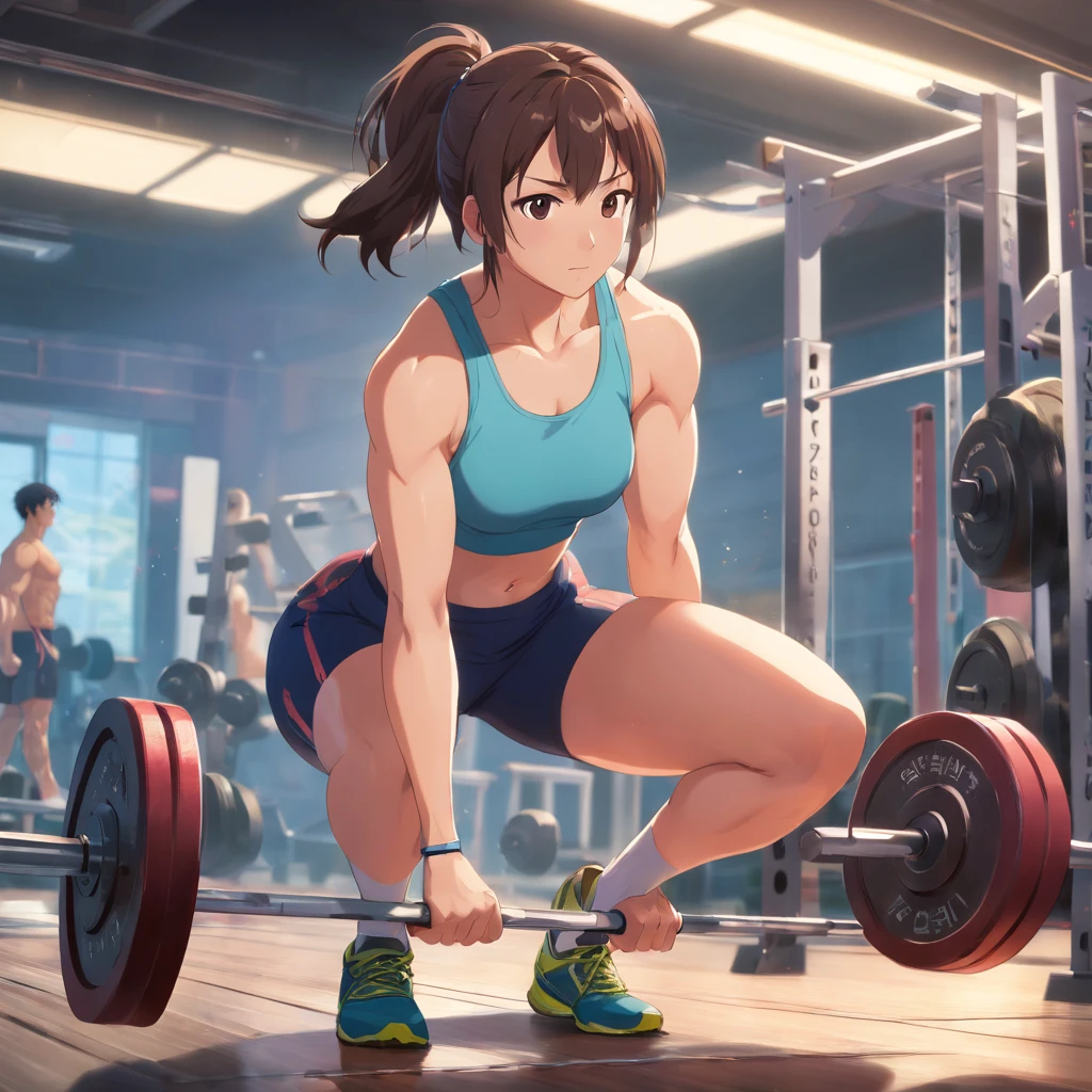 (best quality,highres,ultra-detailed), strength training, weightlifting, intense workout, powerful punches, sweat dripping, determination, determined expression, gym atmosphere, fitness, masculinity, fitness equipment, energetic, ripped physique, bulging muscles, bodybuilding, intense focus, repetition, dedication, workout motivation, athlete, body transformation, endurance, powerlifting, weight plates, barbells, dumbbells, intense effort, fitness goals, muscular form, gym training, body strength, fitness inspiration, toned body, fitness journey, physical fitness, fitness lifestyle, fitness motivation