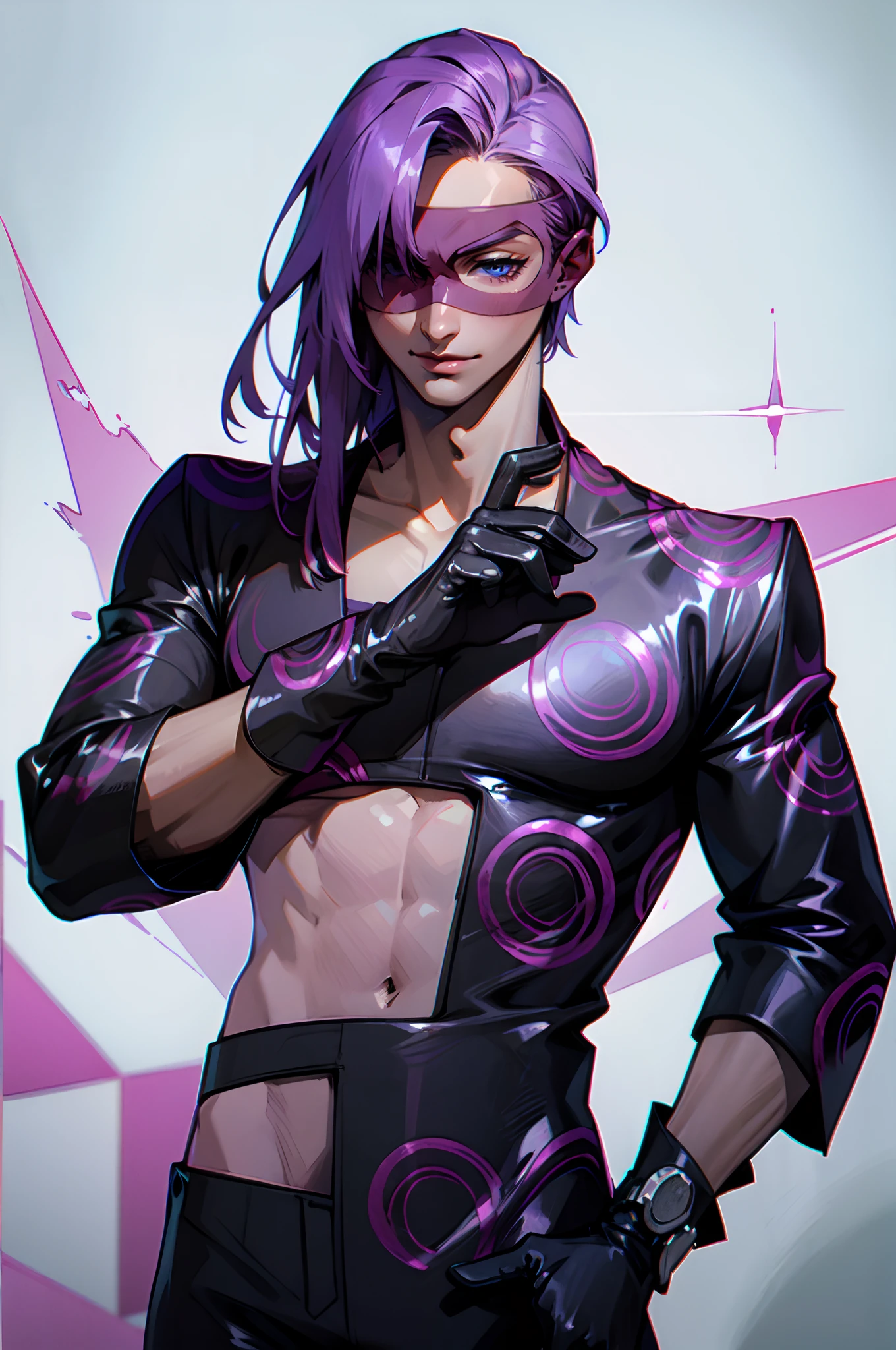 melone, solo, long hair, purple hair, gloves, 1boy, male focus, clothing cutout, mask, single bare shoulder, domino mask, cowboy shot