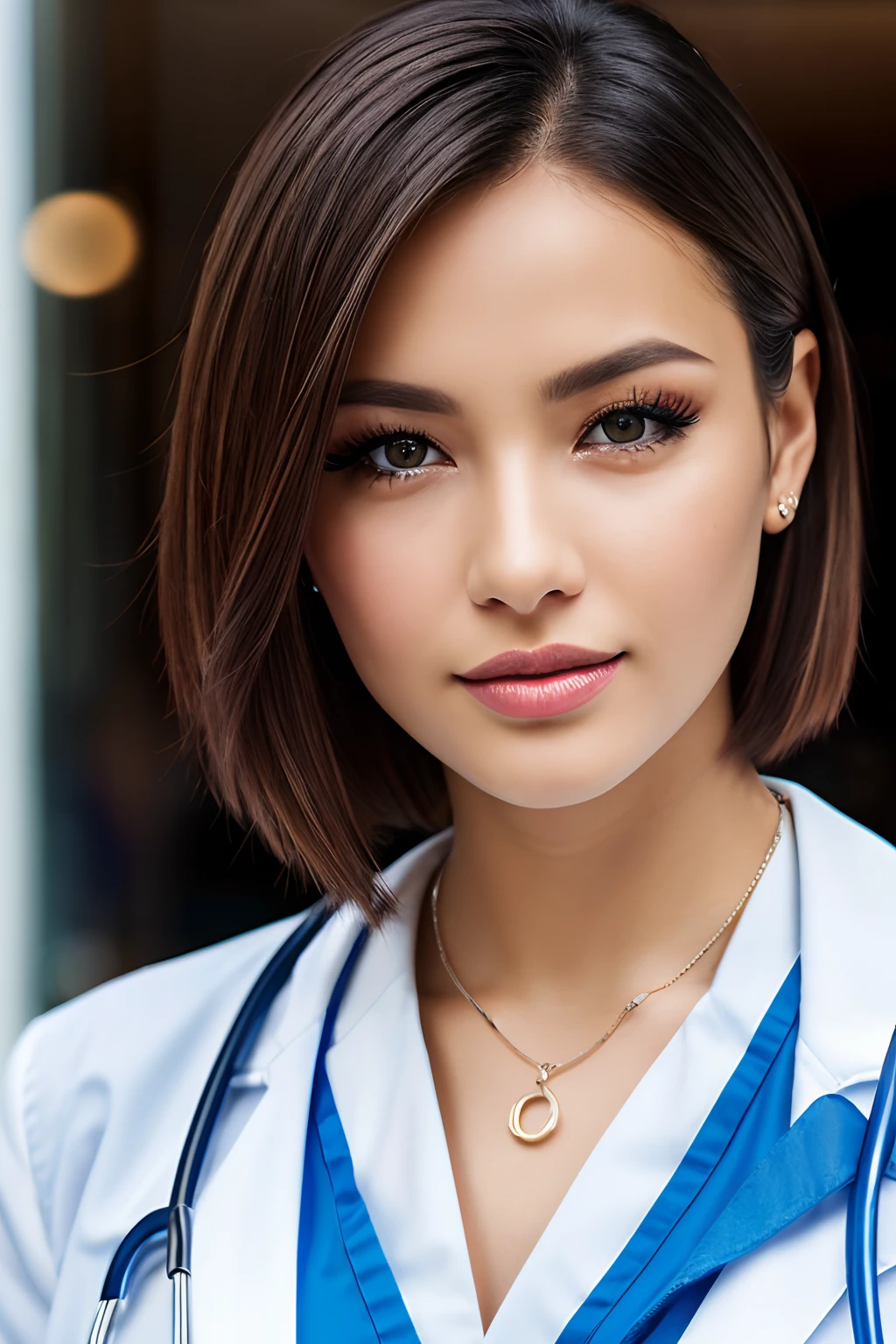 tmasterpiece,best quality,HDR, hyper HD, 8k,Bokeh,ultra-thin painting,sharp focus,physically based rendering,Extreme Detail Description,Portraits,Close-up,1Female dressed as a doctor.Short detailed hair,Sexy created, Outside the cafe, kinematic lighting,dramatic lighting,(EOS R8, 50mm, F1.2, 8k, Photo RAW:1.2)