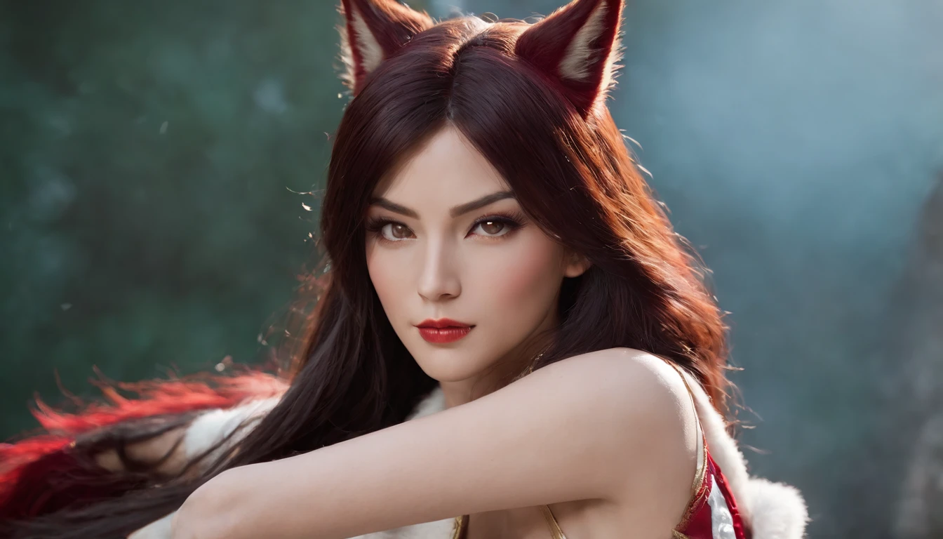 Ahri de League of Legends, corpo todo, perfect hands, cabelos pretos e longos, nine white fox tails at the height of the tailbone, orelhas de raposa pretas, roupa de samurai vermelha, papel de parede, fundo em Iona, rosto sexy oriental