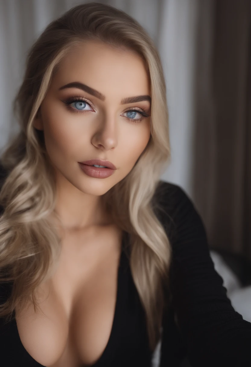 Sexy girl with blue eyes, Sophie Mudd, corinna kopf, blonde hair and large eyes, Selfie einer jungen Frau, Augen im Schlafzimmer, Violet Myers, ohne Make-up, Natural makeup, Blick direkt in die Kamera, Gesicht mit Artgram, dezentes Make-up, Stunning full body shot, im Schlafzimmer, Spaltung, nackt, full entire body, Realistisch, sexy, show pussy, show tits, full body