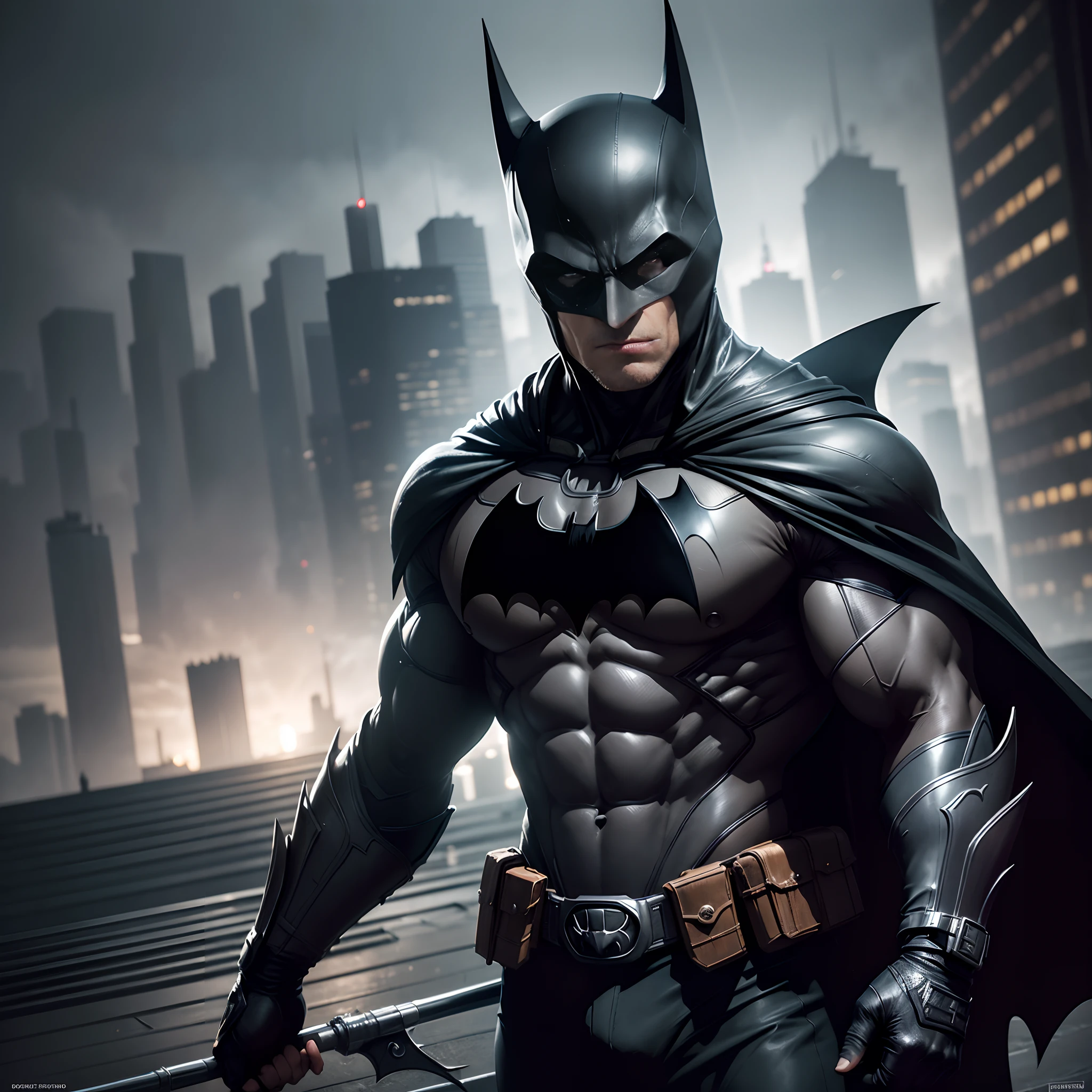 batman, dark knight, detailed outfit, intense expression, cape flowing in the wind, Gotham City skyline, night scene, dystopian atmosphere, realistic rendering, vibrant colors, dramatic lighting, heroic stance, gritty texture, iconic logo, brooding atmosphere, mystery, action-packed, cinematic composition, dynamic pose, muscular physique, piercing eyes, sharp jawline, justice seeker, iconic figure, symbol of hope, epic battle, superhero, dark and gritty, intense shadows, gothic architecture, rain-soaked streets, urban environment, iconic black suit, utility belt, bat signal, vigilante, symbol of fear and justice, fighting crime, protecting innocent, batmobile, rooftop scene, iconic silhouette, iconic symbol, confrontational, mysterious aura, fearless, dynamic movement. (best quality, 4k, high-res, masterpiece:1.2), ultra-detailed, (realistic, photorealistic, photo-realistic:1.37) --auto