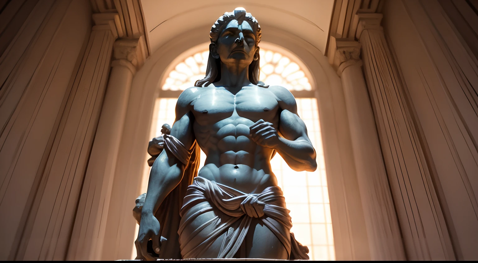 Ancient Stoic statue, with an expression of anger, usando manto e tunica longo sobre todo o corpo, Na Noite escura, ao ceu aberto, arquitetura grega antiga de fundo, 35 mm, lateralmente, Filmado em Sony A7S III com Sony FE 35mm f/1.8, 12.1 MP, --AR 3:2 --estilo cru