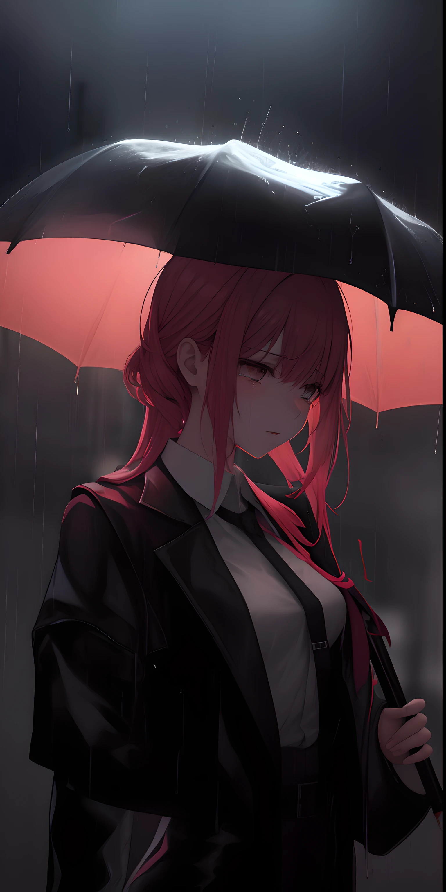 Chica de anime con paraguas bajo la lluvia, sangrado de color rojo lluvia, lluvia roja, lluvia de sangre, bajo la lluvia, lluvia de sangre, bajo la lluvia, Tormenta, Estilo de arte ufotable, Guweiz, Lloviendo!, it's raining, Obras de arte al estilo de Guweiz, Lloviendo, Tears in the Rain, De Girls Frontline, ojos brillantes, pupilas circulares, high resolusion, hiper realista, realista,