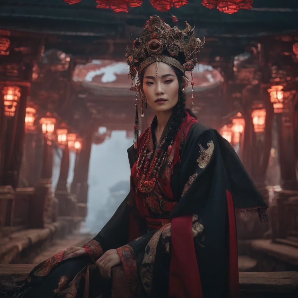 cyber punk perssonage,Taoist robes,cultivating immortals,water ink,High hills,self-assured,Fairy wind road bone,Blood flow in the background
