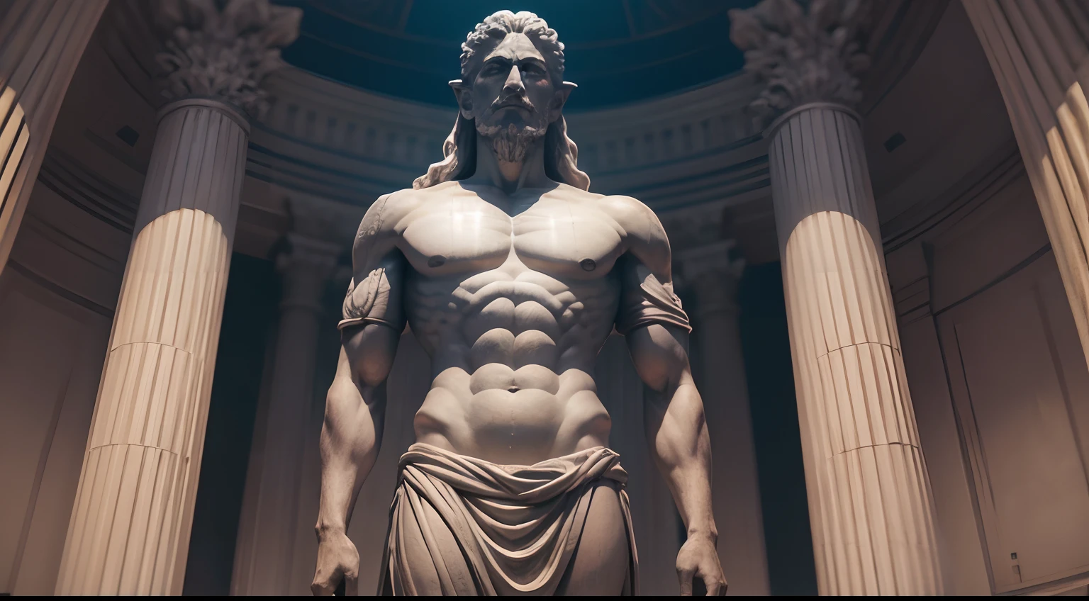 Ancient Stoic statue, with an expression of anger, usando manto e tunica longo sobre todo o corpo, Na Noite escura, ao ceu aberto, arquitetura grega antiga de fundo, 35 mm, lateralmente, Filmado em Sony A7S III com Sony FE 35mm f/1.8, 12.1 MP, --AR 3:2 --estilo cru