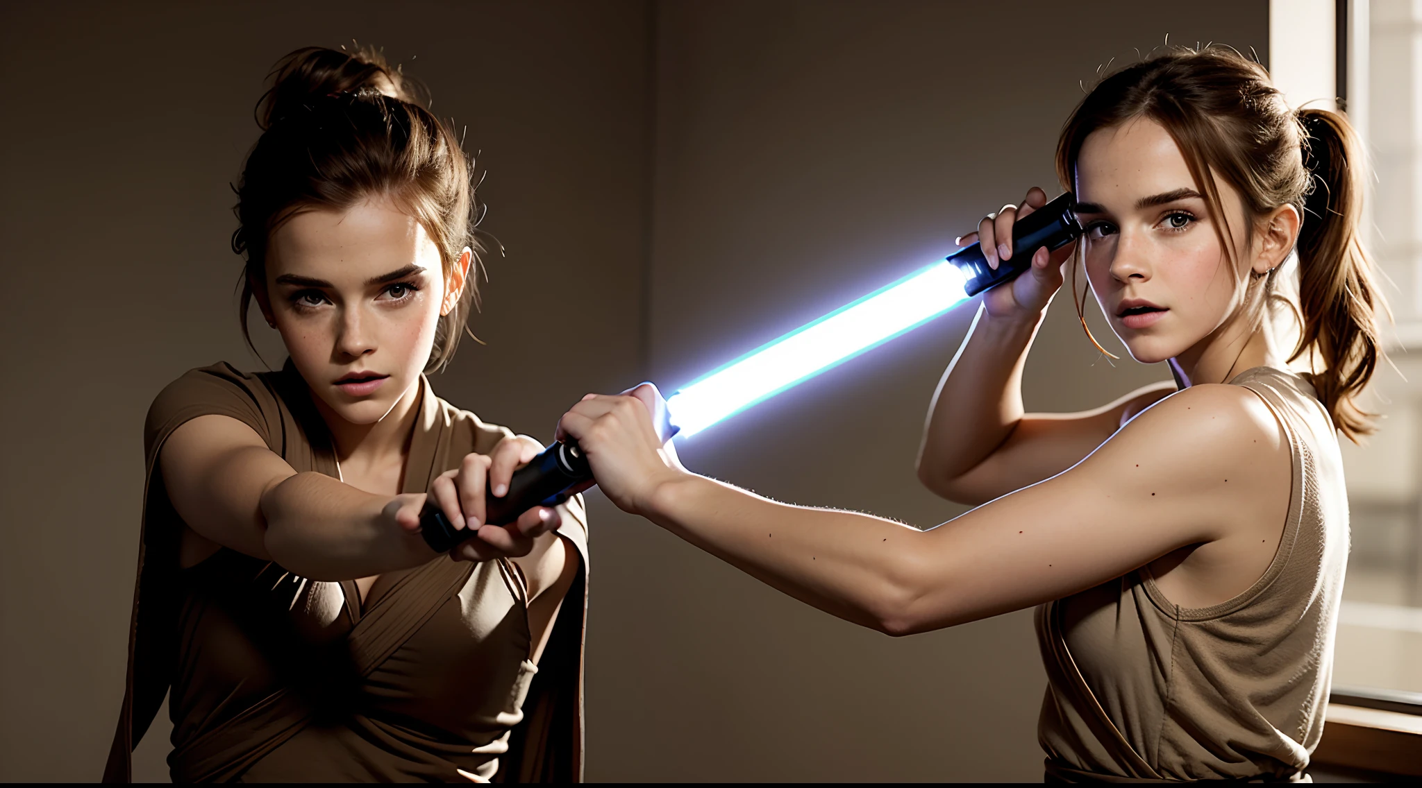In a galaxy far, far away, amidst the backdrop of a galactic showdown, two stunning women adorned in perfect Star Wars cosplay costumes engage in an intense, forceful clash. With their perfect bodies and elegant movements, they engage in a duel of elegance, their light saber swords illuminating the space around them