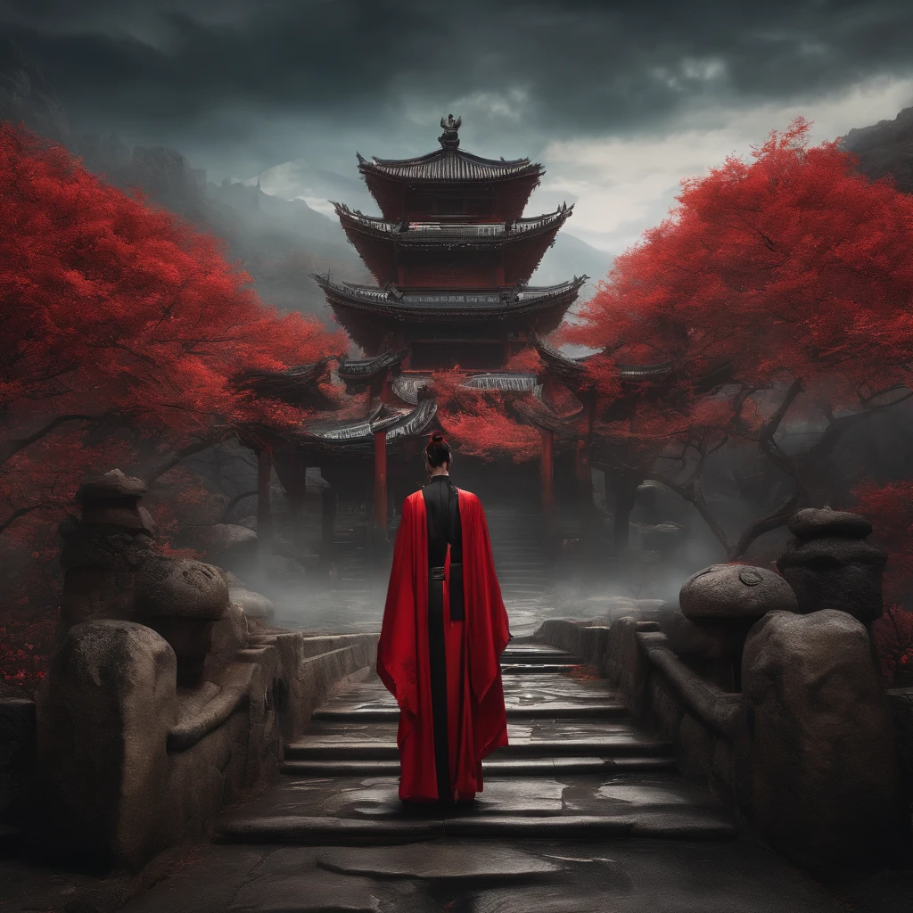 cyber punk perssonage,Taoist robes,cultivating immortals,water ink,High hills,self-assured,Fairy wind road bone,Blood flow in the background