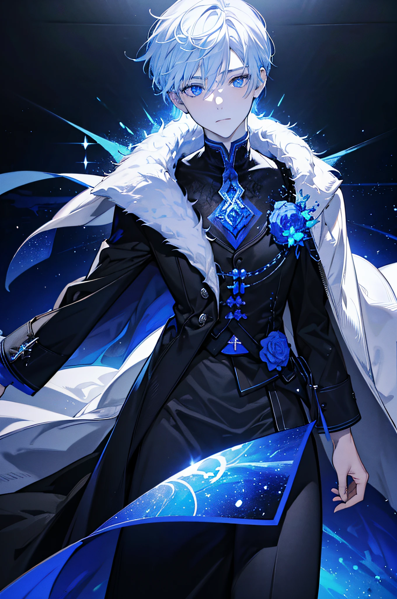 Ein Junge, stattlich, light-skinned, Entschlossene Augen, wallendes langes bluesilver Haar, blaue Augen, Stark, black clothing, Antiker Stil, 8K, Donner, Flamme, buntes Licht, Sternenhimmel, Milky Way, full entire body