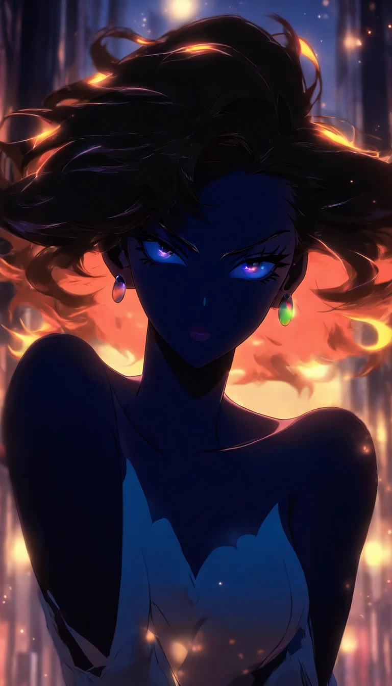 upper body of dark goddess, ((silhouette)), (((dark background))), beautiful goddess of night, (naked), (topless), dynamic pose, dramatic shadows, night sky background