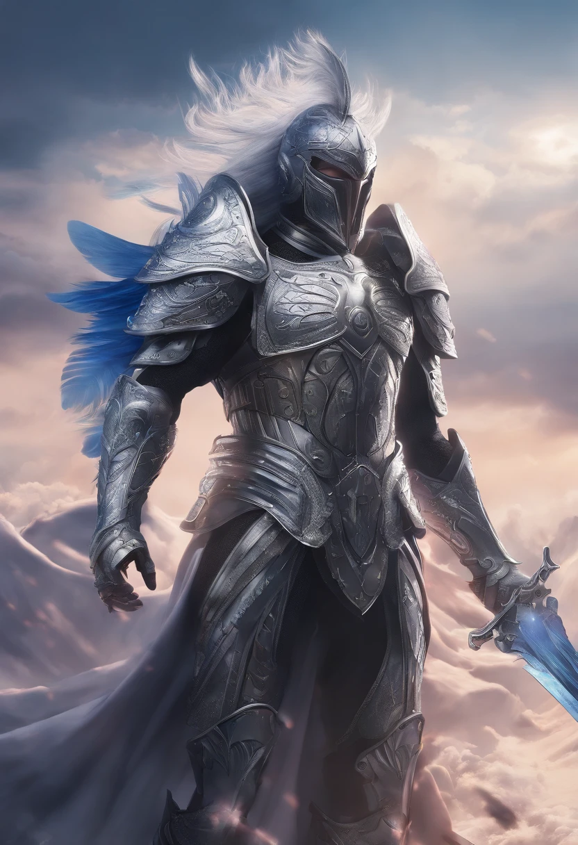 (best quality,highres),(realistic:1.37),warrior,impressive scene,male,handome man,diamond face,muscle body,full body,warrior wearing,warrior wearing silver armor,warrior wearing silver armor,warrior wearing silver delicate armor,warrior wearing Pegasus' silver delicate armor,armor,delicate armor,silver delicate armor,Pegasus' silver delicate armor,Pegasus,powerful,strength,mythical creature,fantasy setting,heroic pose,confident,hero,warrior,model-like figure,determined expression,resolute look,shining armor,attention to detail,fine craftsmanship,subtle filigree,fierce warrior,combat-ready,weapon,sword,powerful sword,enchanted,gleaming sword,magic sword,golden hilt,sharp blade,warrior helmet,feathers,flying horse,pegasus,mythical steed,majestic,courage,heroic,legendary warrior,intense gaze,strong eyes,piercing eyes,sharp gaze,penetrating eyes,silver eyes,determined eyes,bold eyes,mysterious aura,fantastical background,epic landscape,spacious sky,dramatic clouds,dynamic composition,vibrant colors,luminous lighting,strategic lighting,highlighted muscles,contrasting shadows,atmospheric effect,gritty texture,highly detailed,impressive artistry,artistic masterpiece.