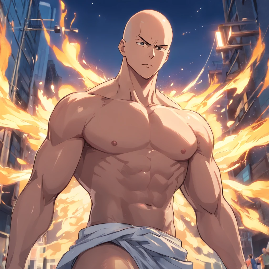 Saitama ((careca)), Um homem de soco, masculino, crossfit, Well-defined and detailed muscles,