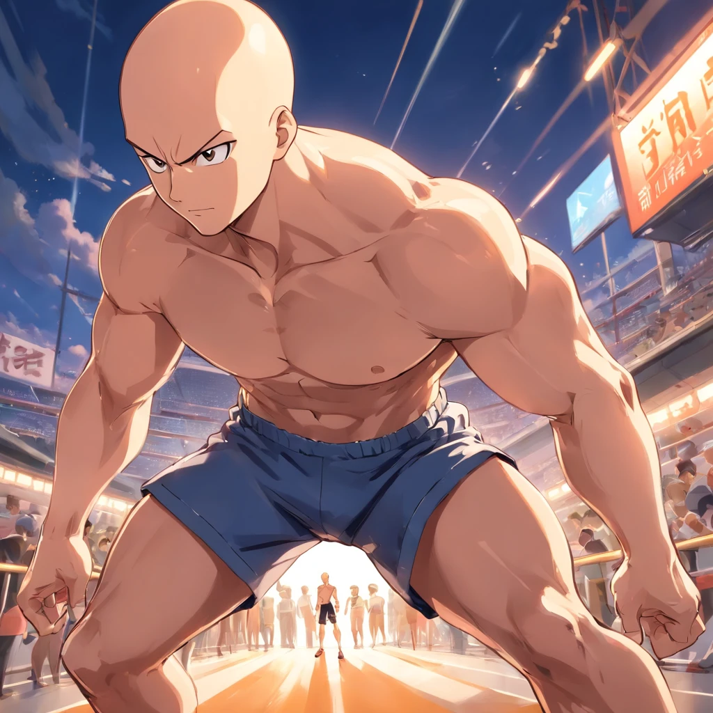 Saitama ((careca)), Um homem de soco, masculino, crossfit, Well-defined and detailed muscles,