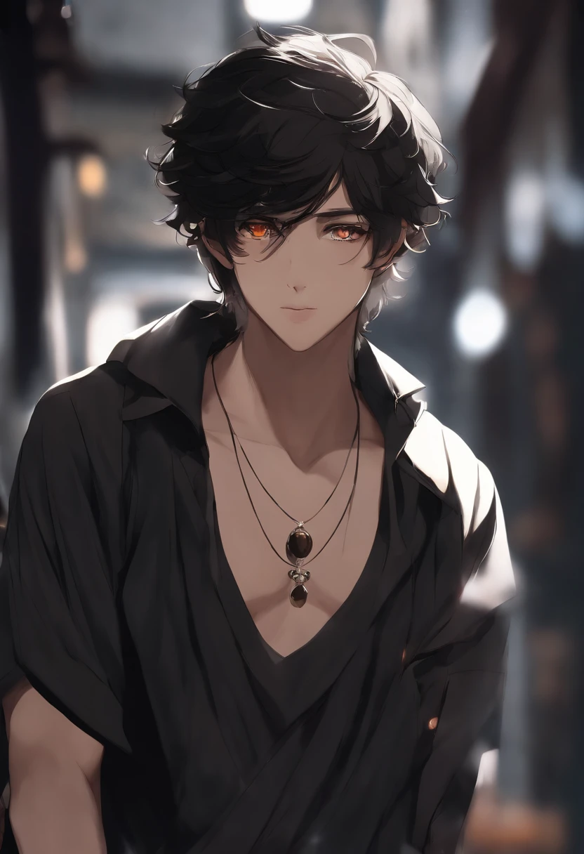 menino anime, cabelos pretos, looking at the camera, olhos negros, vestindo uma camiseta preta, pele castanha clara,