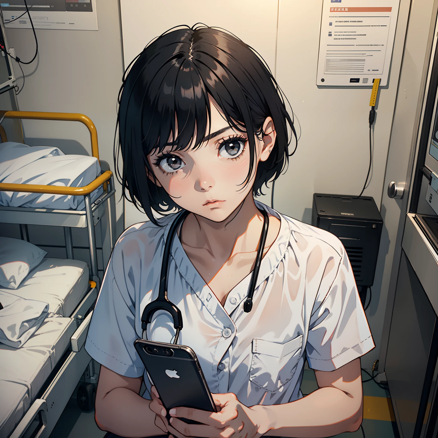 A 20-year-old girl with short black hair, black eyes, sad expression, white shirt, on the phone, in a hospital ward