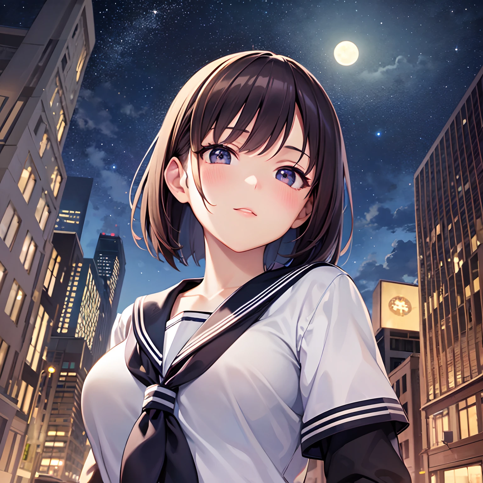 Best Quality, 超A high resolution, (Illustration:1.2)、 up of face,Moonlight,1girl in,High school ,15 yearsbob,slender,Large breasts,Natural makeup, natta, Above a high-rise building, Looking up at the starry sky, a sailor suit