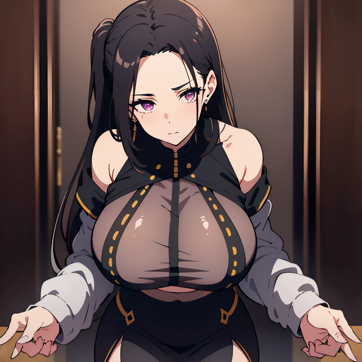 (a beautiful) young woman, (with) long black hair (tied) in (a) high ponytail, (featuring) parted bangs, (highlighting) a gigantic forehead. Her captivating gaze is enhanced by her reddish violet eyes. She dons a stylish ensemble, consisting of a black see-through crop top that elegantly exposes her midriff, paired with a chic black short skirt. Her curvaceous figure is accentuated, and she carries herself with confidence and grace. It is a close-up, head and shoulders portrait of a young woman, painted by Greg Rutkowski. She possesses a smaller chest. Her forehead is truly huge.