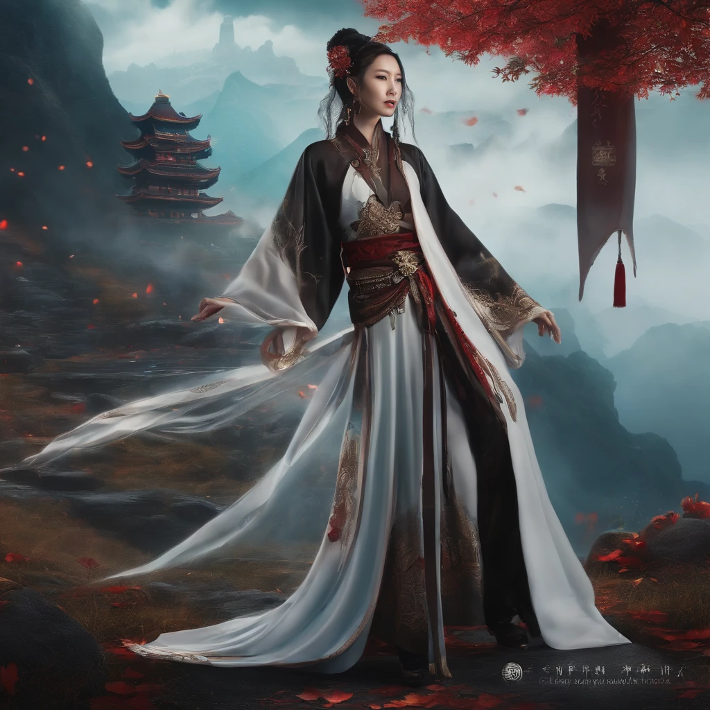 cyber punk perssonage,Taoist robes,cultivating immortals,water ink,High hills,self-assured,Fairy wind road bone,Blood flow in the background