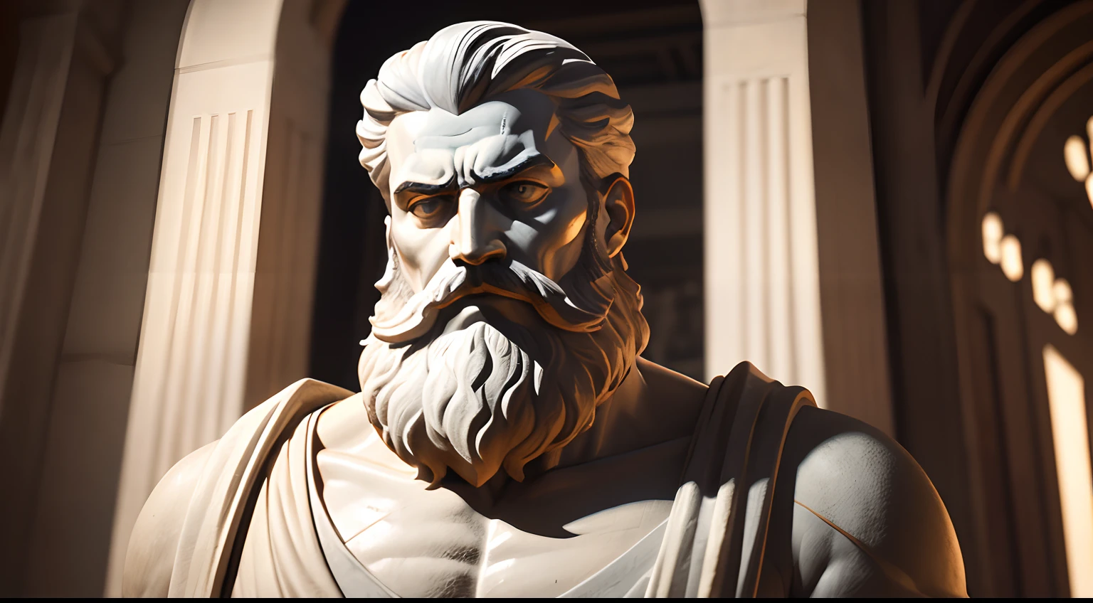 Ancient Stoic statue with beard, with an expression of anger, usando manto e tunica longo sobre todo o corpo, Na Noite escura, ao ceu aberto, arquitetura grega antiga de fundo, 35 mm, lateralmente, Filmado em Sony A7S III com Sony FE 35mm f/1.8, 12.1 MP, --AR 3:2 --estilo cru