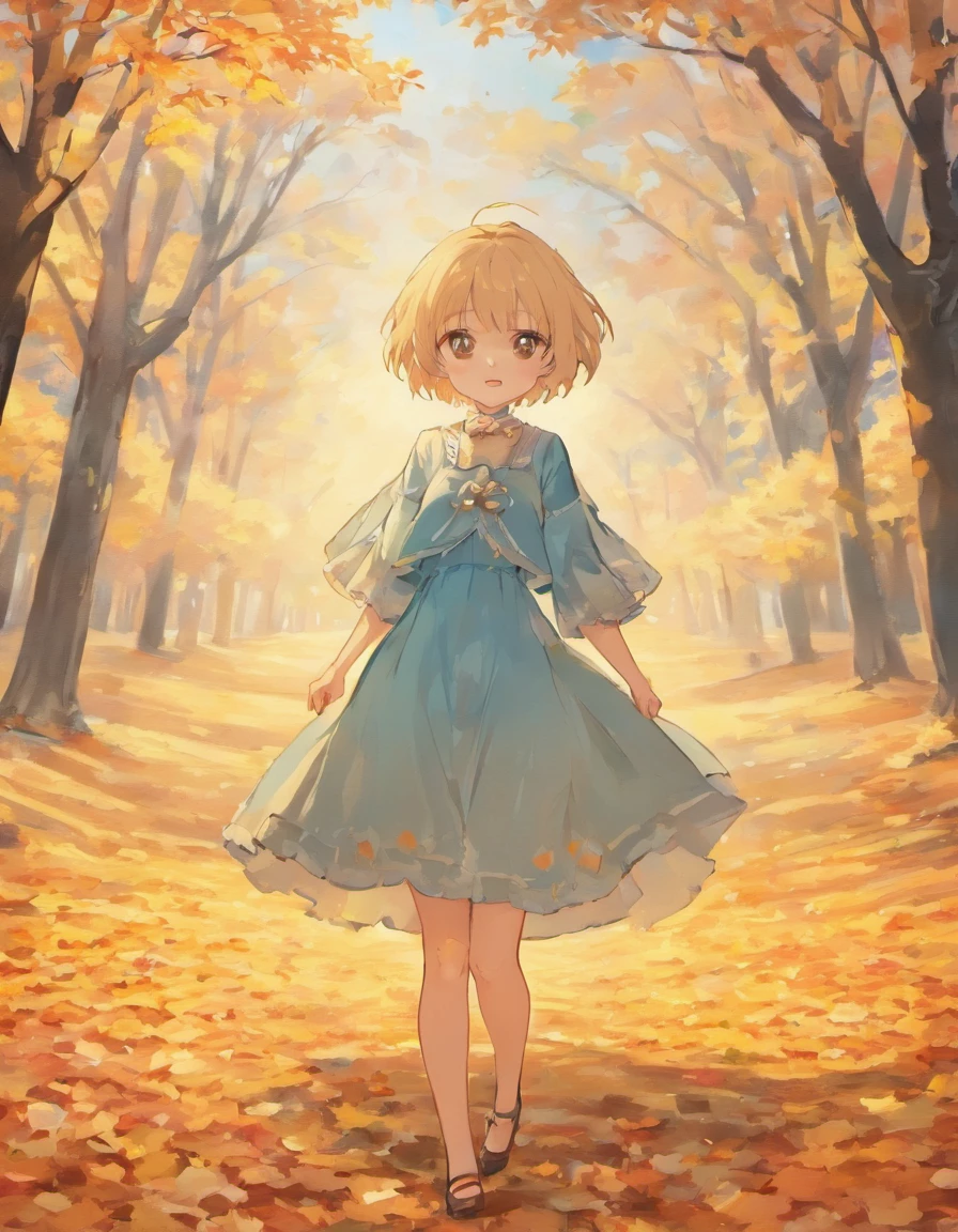 Cute girl with light blue short hair, beautiful dress, in the park, autumn