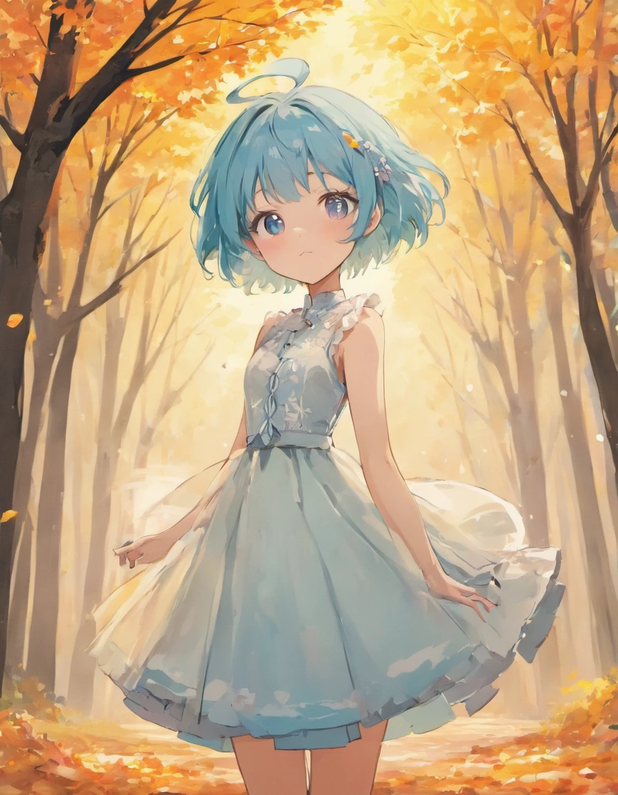 Cute girl with light blue short hair, beautiful dress, in the park, autumn