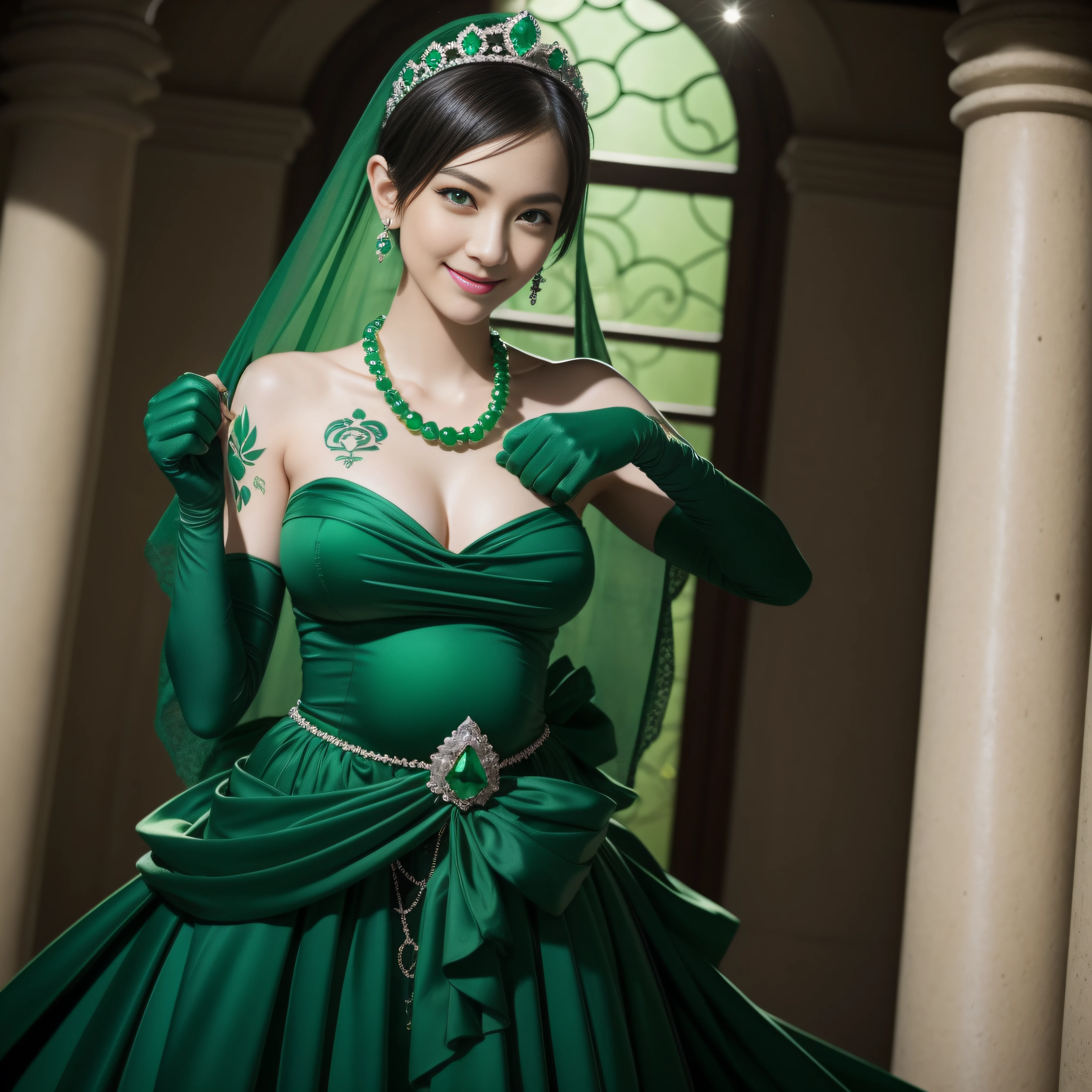 emerald tiara, Green Pearl Necklace, Boyish very short black hair, lipsticks, Japan woman smiling, very short short hair, fist, big breasts beautiful, Green eyes, Long green gloves made of satin material, Green eyes, Emerald Earrings, Pregnancy, Pregnant Woman, The tattoo, The tattoo