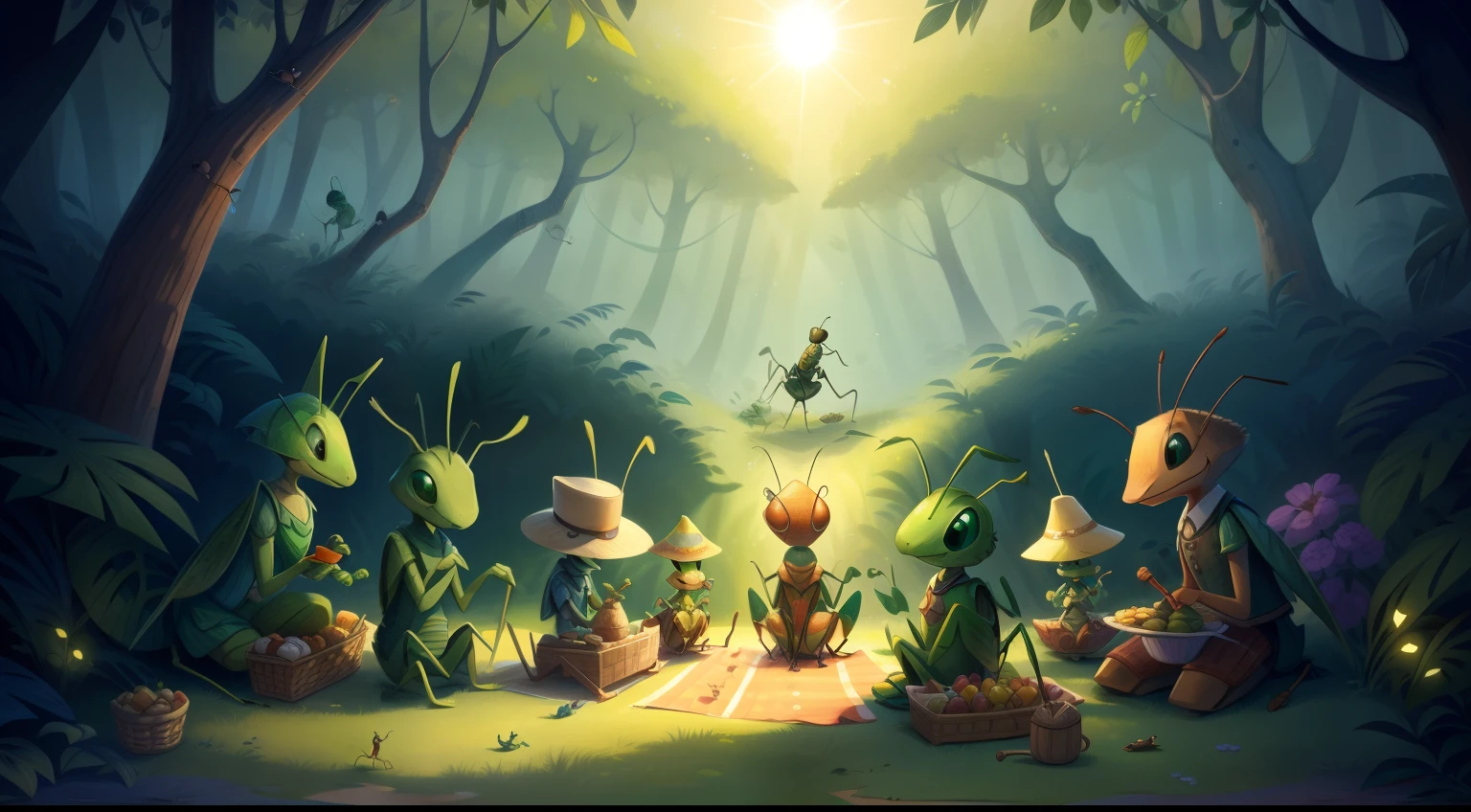 Craft a charming scene featuring a small grasshopper and its friendly ant companions. The tiny grasshopper, with vivid green coloring and expressive eyes, forms the centerpiece. It mingles with a group of industrious ants, each with unique personalities. They all gather around a miniature picnic spread on a sun-dappled forest floor, creating a heartwarming moment of camaraderie.