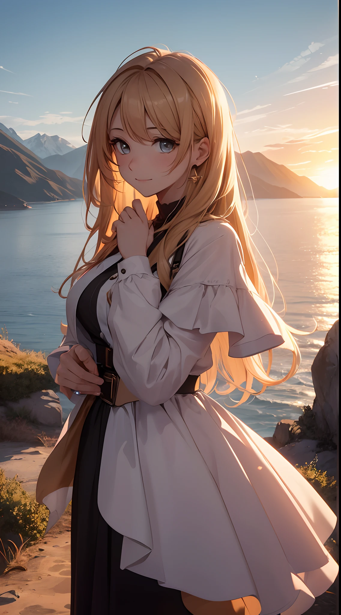 As the sun sets behind the distant mountains, casting a warm, golden glow over the landscape (sunset ambiance: 1.0), a couple stands on the edge of a cliff, their expressions filled with awe and wonder (couple's emotions: 1.0). BREAK The wind tousles their hair (wind effect: 1.0) as they gaze out at the breathtaking vista before them (scenic beauty: 1.0).
She has a slight smile playing on her lips, her eyes sparkling with a mix of joy and contentment (her expression: 1.0). Her hand gently rests on his arm, conveying affection and trust (her gesture: 1.0).
He looks at her with a deep, loving gaze (his expression: 1.0), his eyes reflecting the colors of the setting sun. His body language exudes a sense of protection and devotion (his gesture: 1.0).
Together, they share a profound connection, and their detailed expressions tell a story of love and harmony that words alone cannot capture.