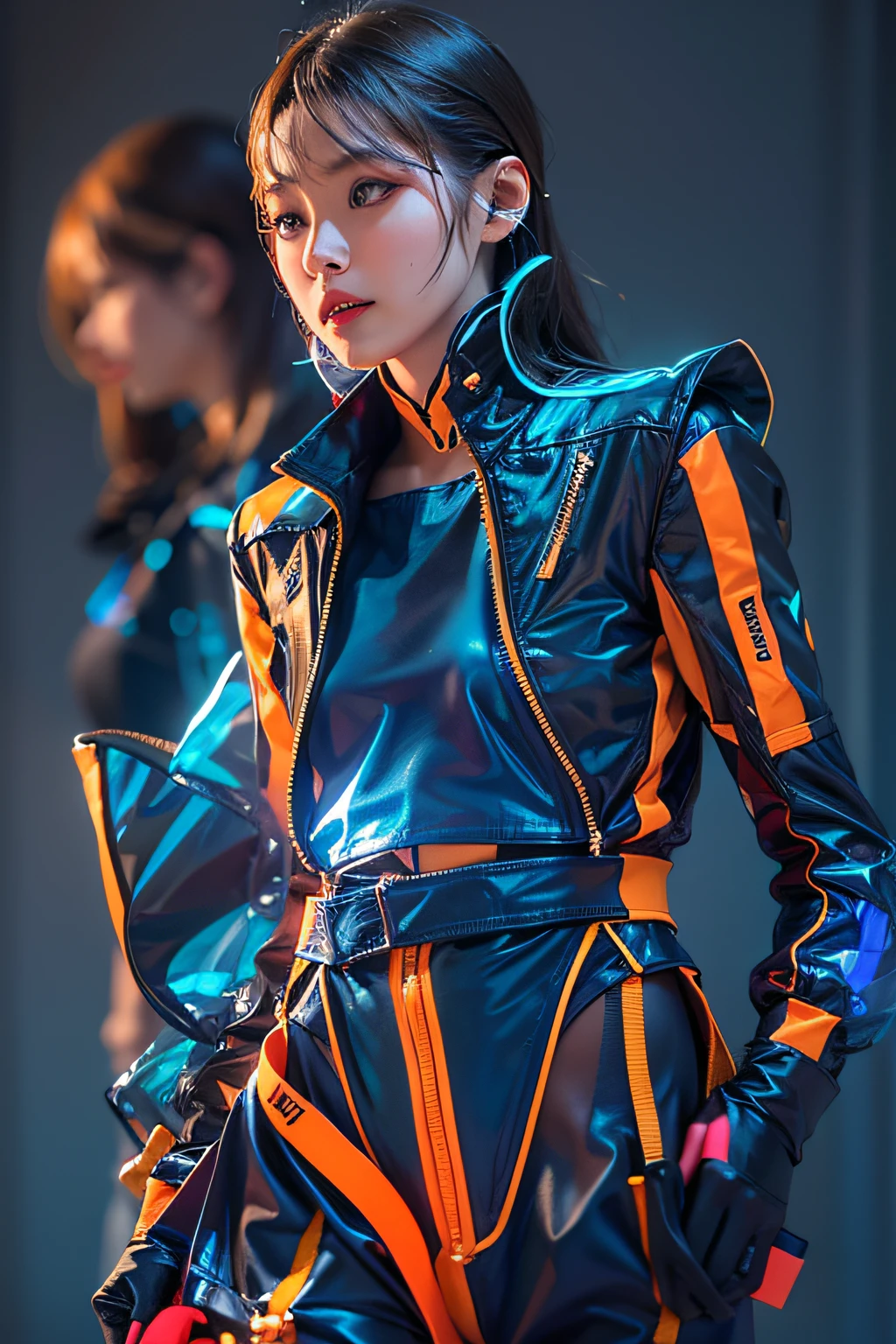 Supermodel in haute couture clothing, orange neon velvet and blue transparent polyethylene, Clothing model, in full height, Neo-Futurism style, ultradetail, The texture of the fabric, studio lightning, Professional photo, tmasterpiece, Elegantly, Professional photo, Clothing concept