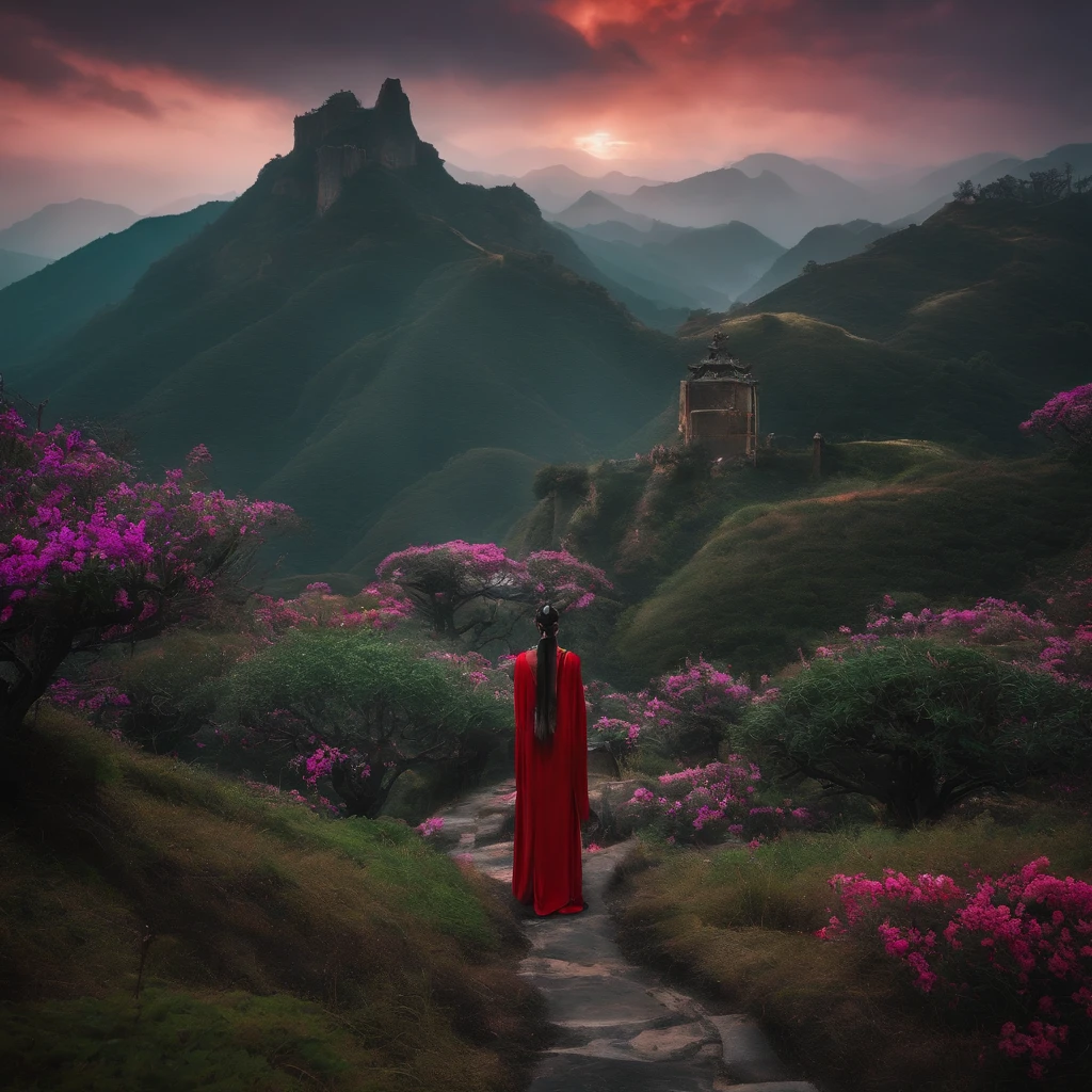 cyber punk perssonage，Taoist robes，cultivating immortals，water ink，High hills，self-assured，Fairy wind road bone，Blood flow in the background