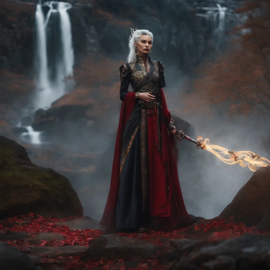 cyber punk perssonage,Taoist robes,cultivating immortals,water ink,High hills,self-assured,Fairy wind road bone,Blood flow in the background