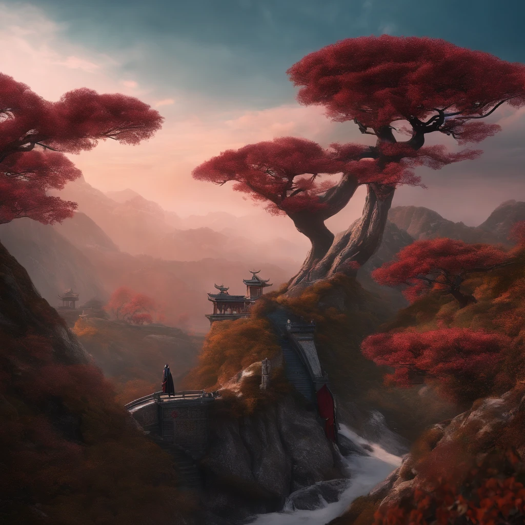 cyber punk perssonage，Taoist robes，cultivating immortals，water ink，High hills，self-assured，Fairy wind road bone，Blood flow in the background