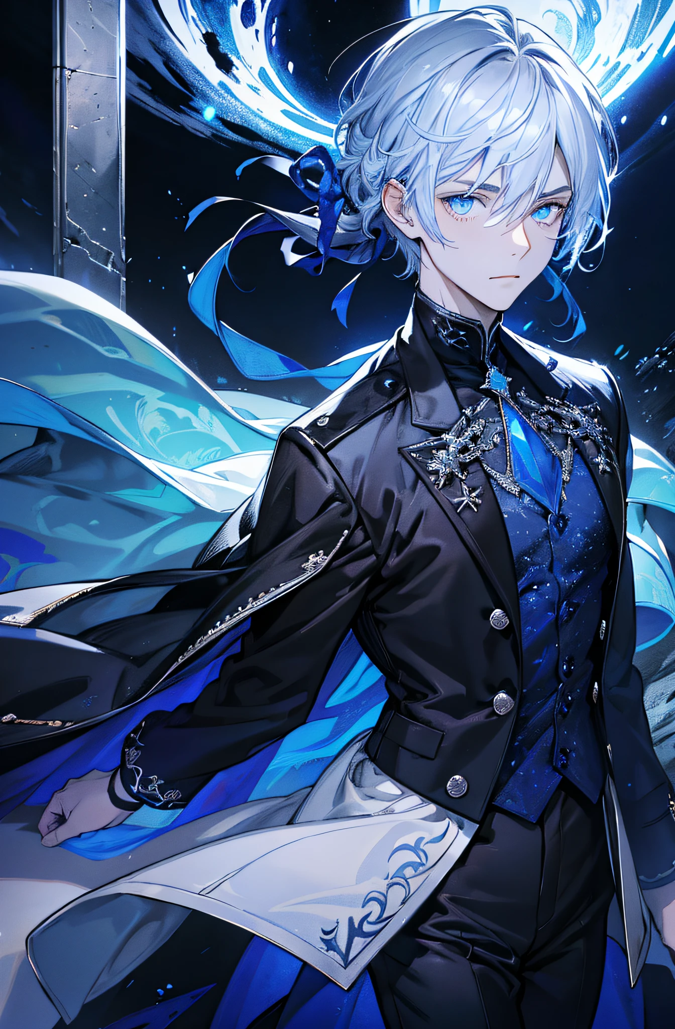 Ein Junge, stattlich, light-skinned, Entschlossene Augen, wallendes langes bluesilver Haar, blaue Augen, Stark, Schwarze Kleidung, Antiker Stil, 8K, Geben, Flamme, buntes Licht, sternenhimmel, Milky Way, full entire body