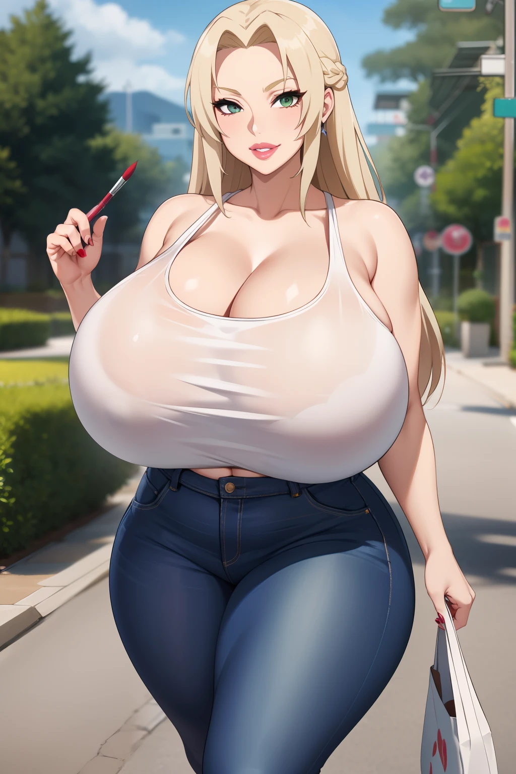 Tsunade Senju, 1 girl, ((bimbo))), long blond hair, cute smile face, puffy lips, painted lips, thick lips, wide hips, thick thighs, huge ass, craving lust face , enormous huge natural breasts, cleavage, mature mom, high waist jeans, white top see through, walking,