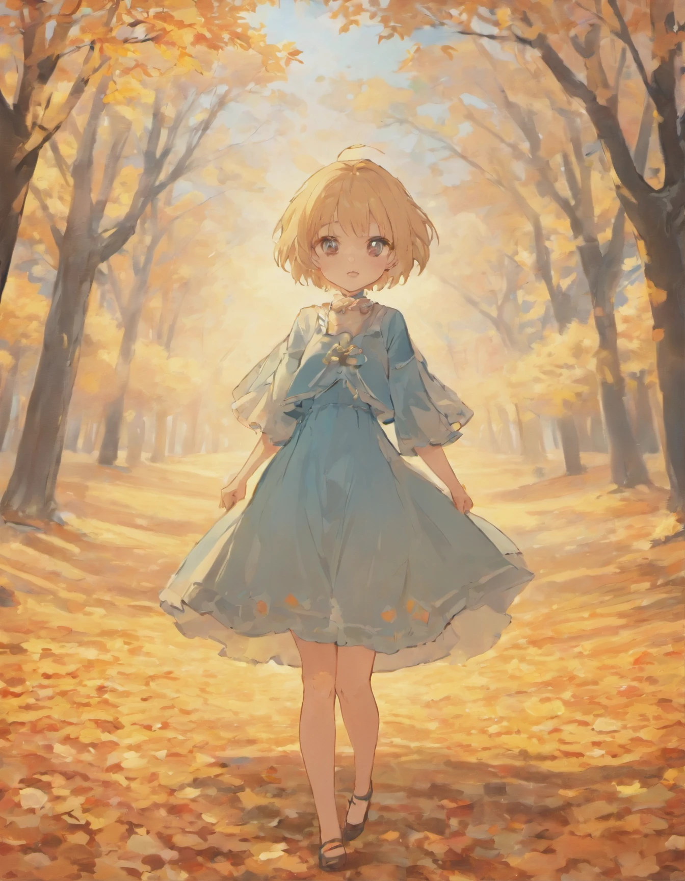 Cute girl with light blue short hair, beautiful dress, in the park, autumn