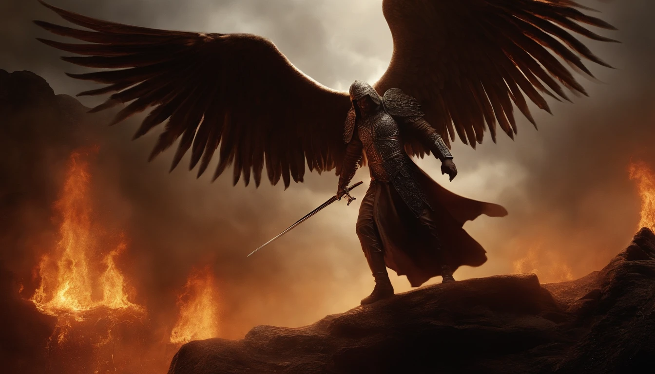 A imagem do diabo，Standing in hell with a sword in his hand, diabo no inferno, pessoas, people vs demons, angel watching demon, angels and demons, Anjos protegem as pessoas, Arcanjo Miguel, anjo da morte, Battle between angels and demons, anjo super largo, epic angel wings, Anjos protegem quem reza, necessidade humana anjo da morte. ((Epic image)), ((alta qualidade)), 16k
