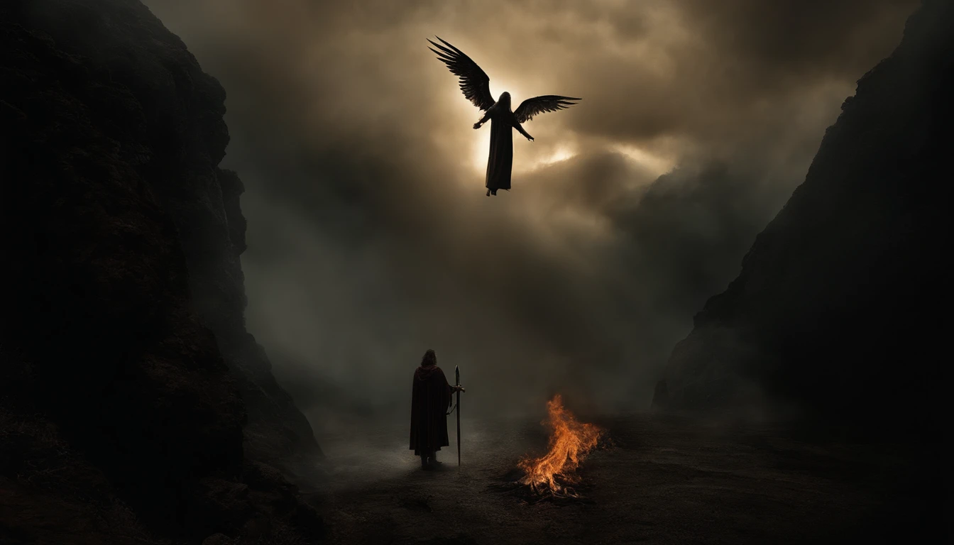 A imagem do diabo，Standing in hell with a sword in his hand, diabo no inferno, pessoas, people vs demons, angel watching demon, angels and demons, Anjos protegem as pessoas, Arcanjo Miguel, anjo da morte, Battle between angels and demons, anjo super largo, epic angel wings, Anjos protegem quem reza, necessidade humana anjo da morte. ((Epic image)), ((alta qualidade)), 16k