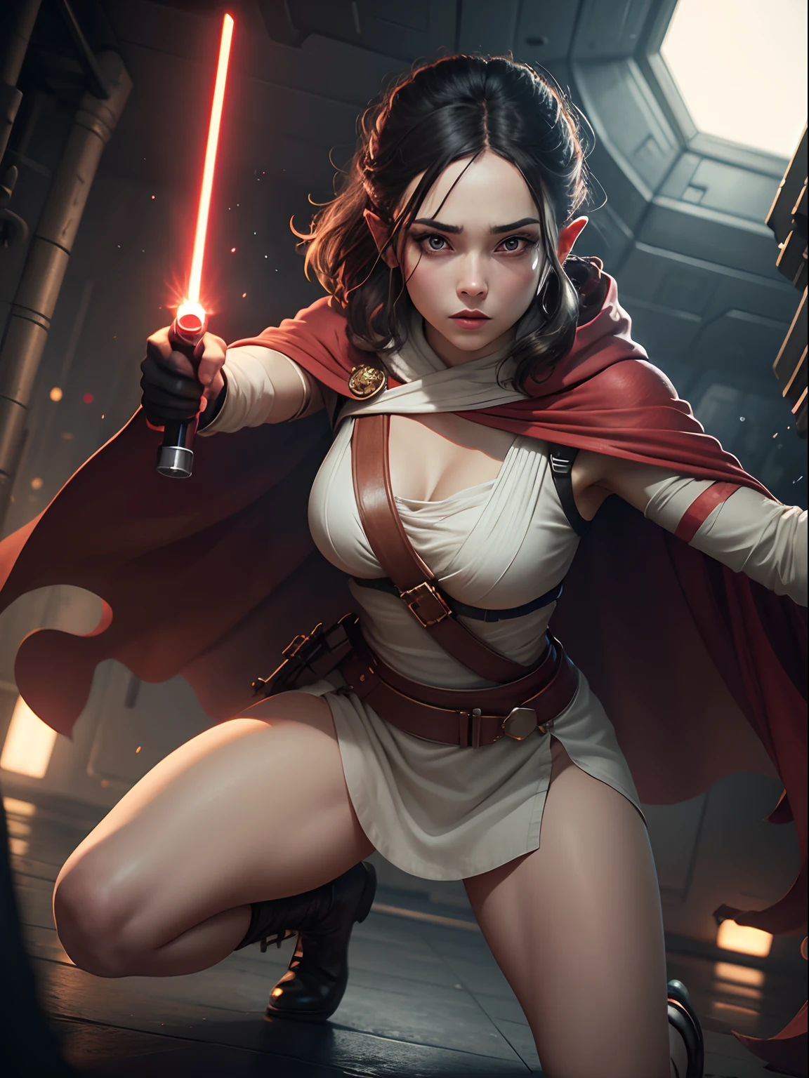 A full-body shot of Princess Zelda, black hair, red eyes, dressed as Rey Skywalker, 30 years old, mature, XL bust, gripping a one red light saber in only one hand, wearing a black cloak with red details, fighting, in a battle stance, Background: Inside the death star space station, Unreal Engine 5, Anime, Anime style, Masterpiece, Well drawn eyes, well drawn face, well detailed eyes, well detailed face, 8k, light and shadow effect.