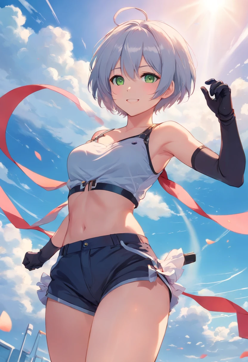 yanhe, vsinger, 1girl, black gloves, black shorts, black thighhighs, blue sky, breasts, breasts apart, cable, cloud, cloudy sky, crop top, crop top overhang, day, elbow gloves, from below, gloves, green eyes, hair between eyes, hand on headphones, headphones, medium breasts, leg ribbon, looking at viewer, midriff, navel, petals, ribbon, shirt, very short hair, short hair, shorts, sky, sleeveless, sleeveless shirt, smile, solo, thigh ribbon, thigh strap, thighhighs, unbuttoned, underboob, upshirt, white hair, zipper