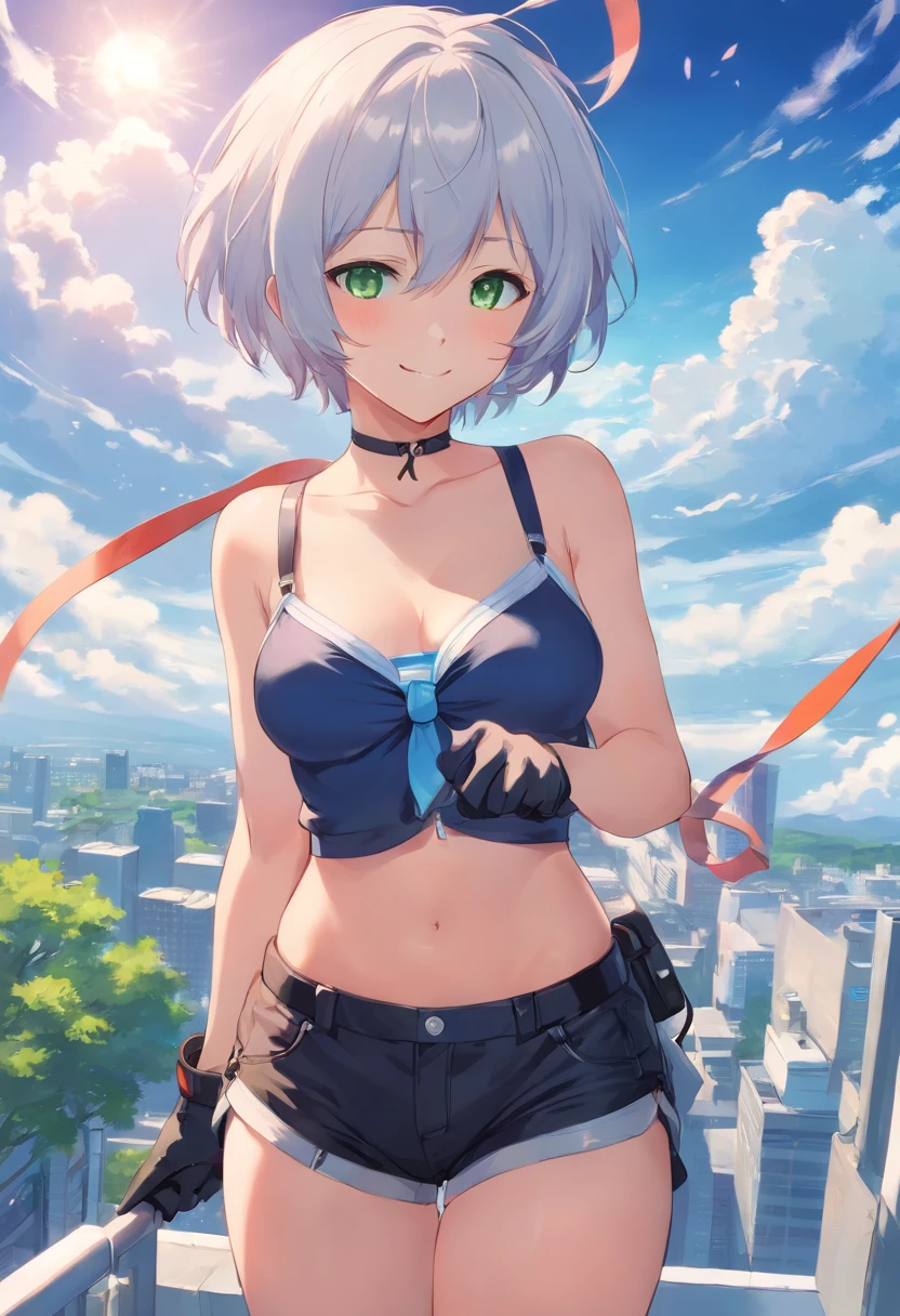 yanhe, vsinger, 1girl, black gloves, black shorts, black thighhighs, blue sky, breasts, breasts apart, cable, cloud, cloudy sky, crop top, crop top overhang, day, elbow gloves, from below, gloves, green eyes, hair between eyes, hand on headphones, headphones, medium breasts, leg ribbon, looking at viewer, midriff, navel, petals, ribbon, shirt, very short hair, short hair, shorts, sky, sleeveless, sleeveless shirt, smile, solo, thigh ribbon, thigh strap, thighhighs, unbuttoned, underboob, upshirt, white hair, zipper